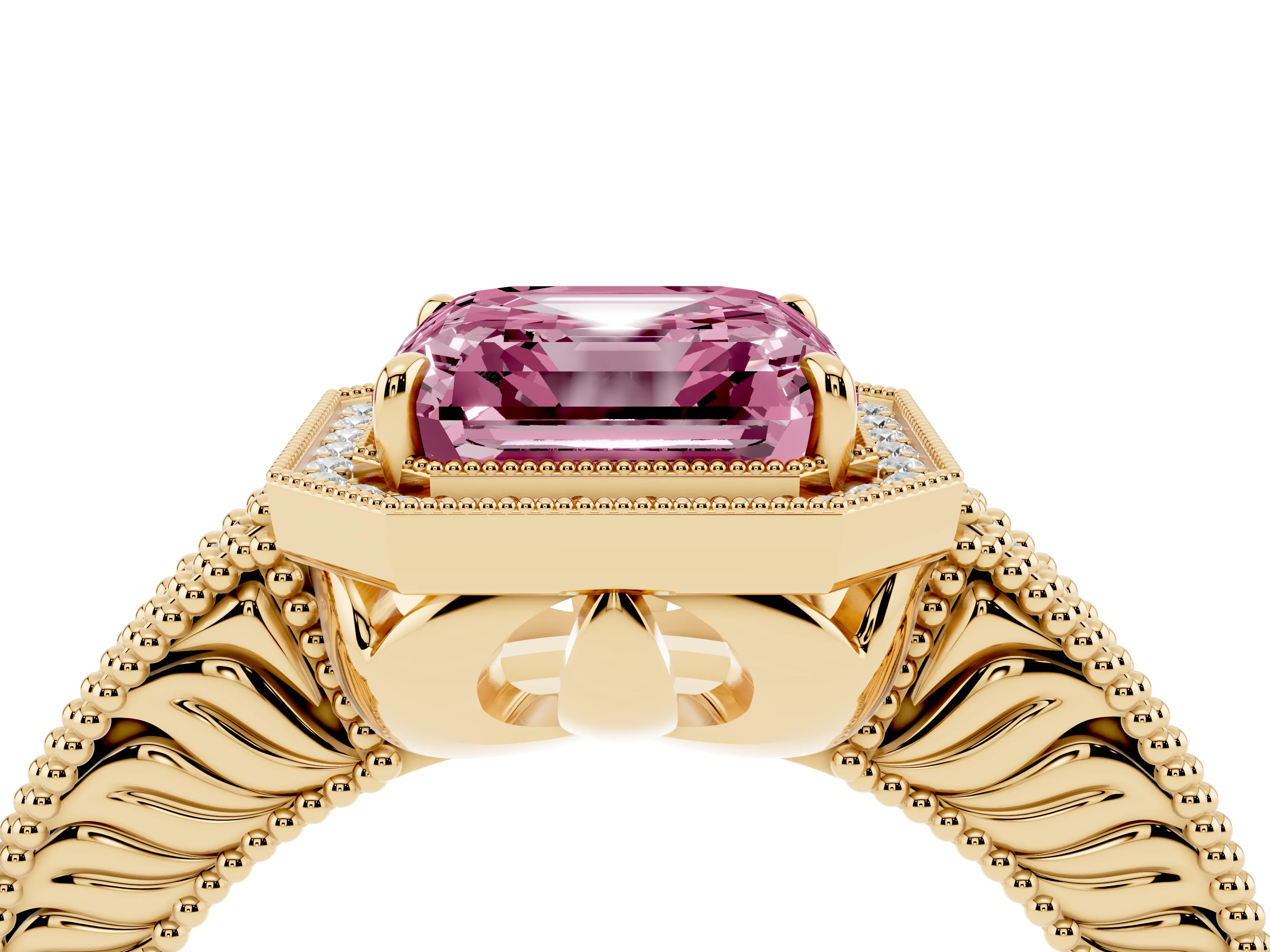 Fancy Pink Asscher Cut Diamond Halo Ring Set in Yellow gold with Round Accent Halo, Pavé Band and Prong Setting