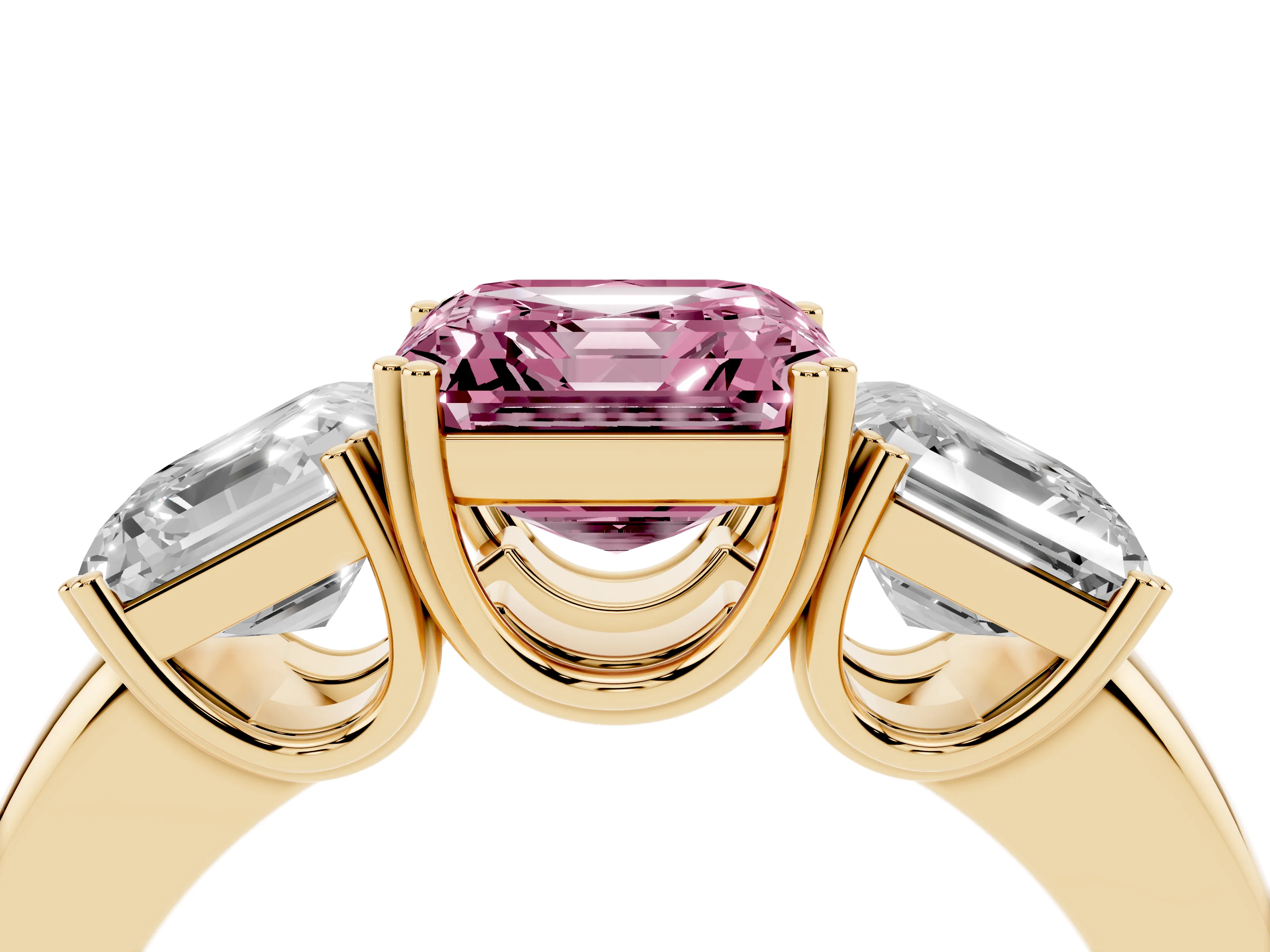 Fancy Pink Asscher Cut Diamond Three-Stone Ring Set in Yellow gold with Polished Band and Prong Setting