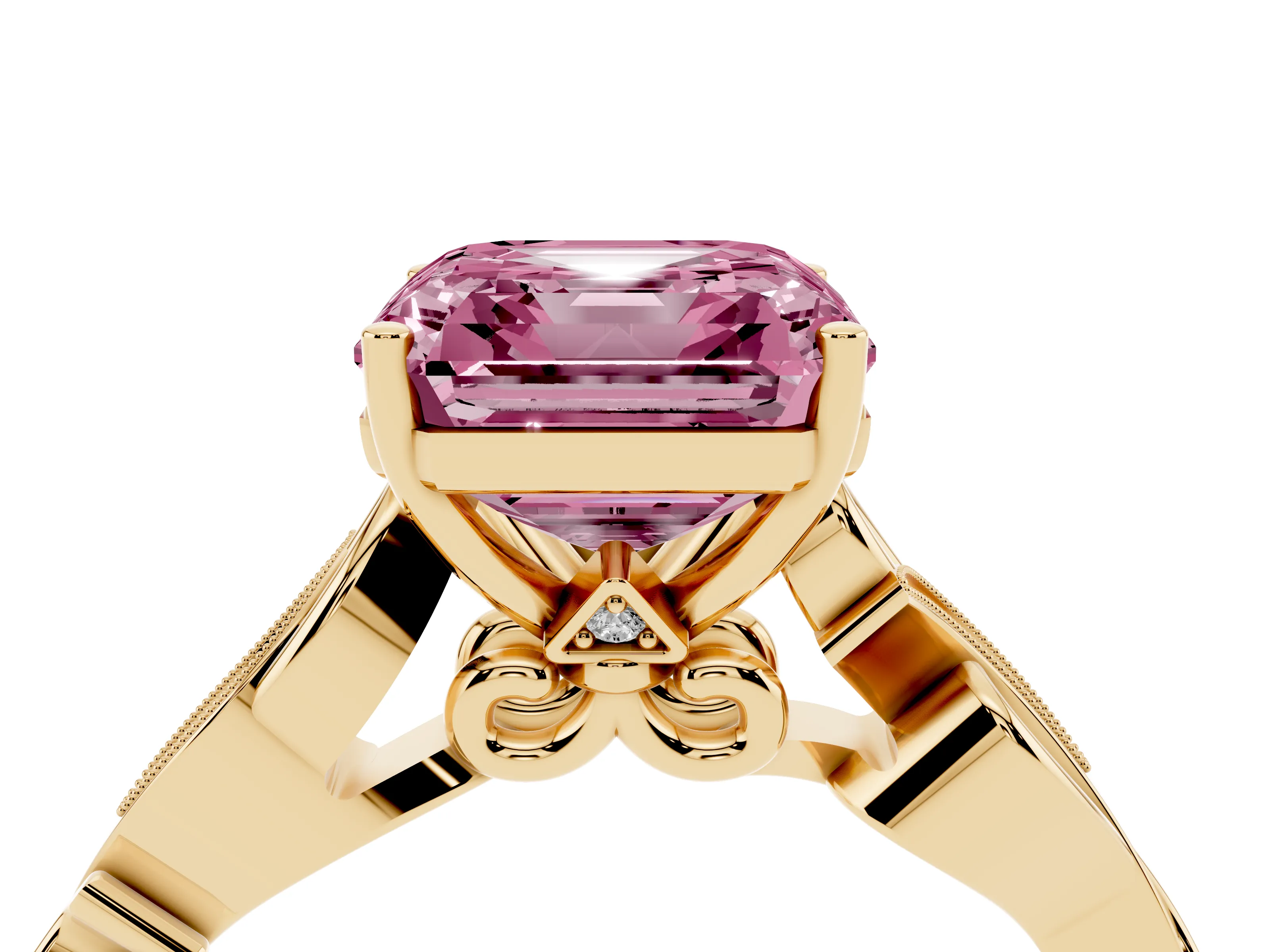 Fancy Pink Asscher Cut Diamond Vine Band Solitaire Ring Set in Yellow gold with Milgrain Prong Setting