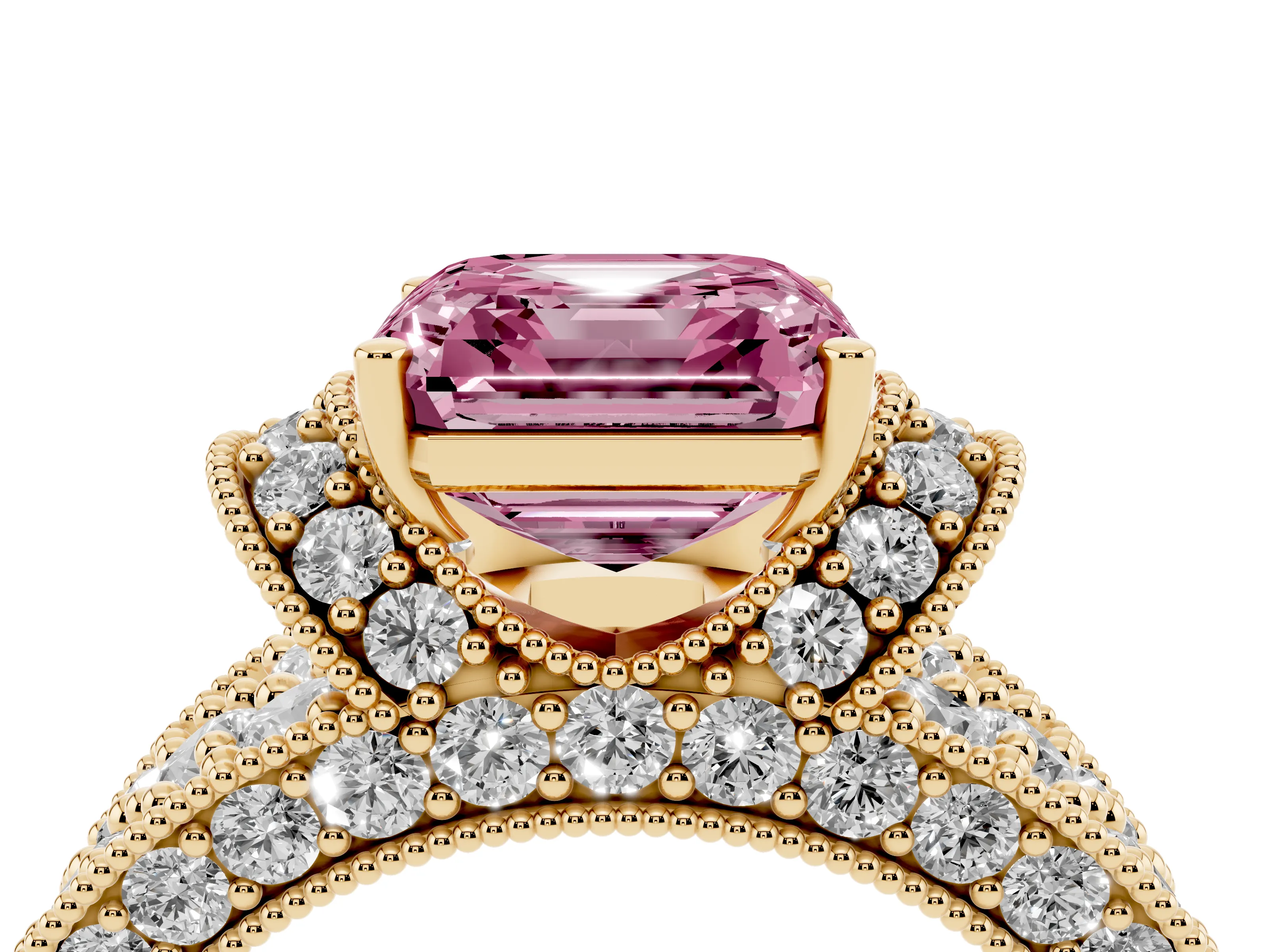 Fancy Pink Asscher Cut Diamond Milgrain Halo Pavé Engagement Ring Set in Yellow gold with Prong Setting
