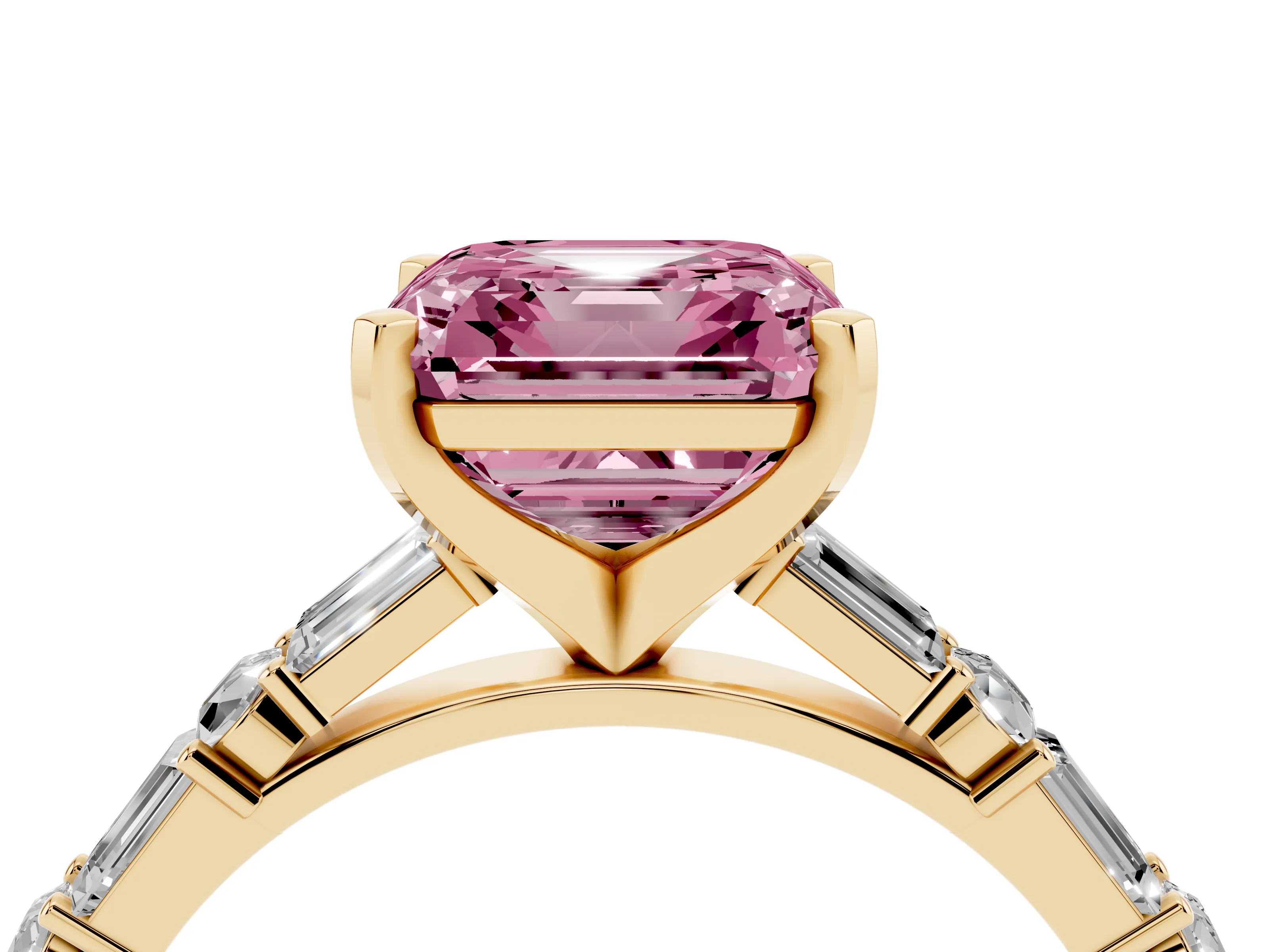 Fancy Pink Asscher Cut Diamond Solitaire Set in Yellow gold with Side Baguettes and Channel Set Band