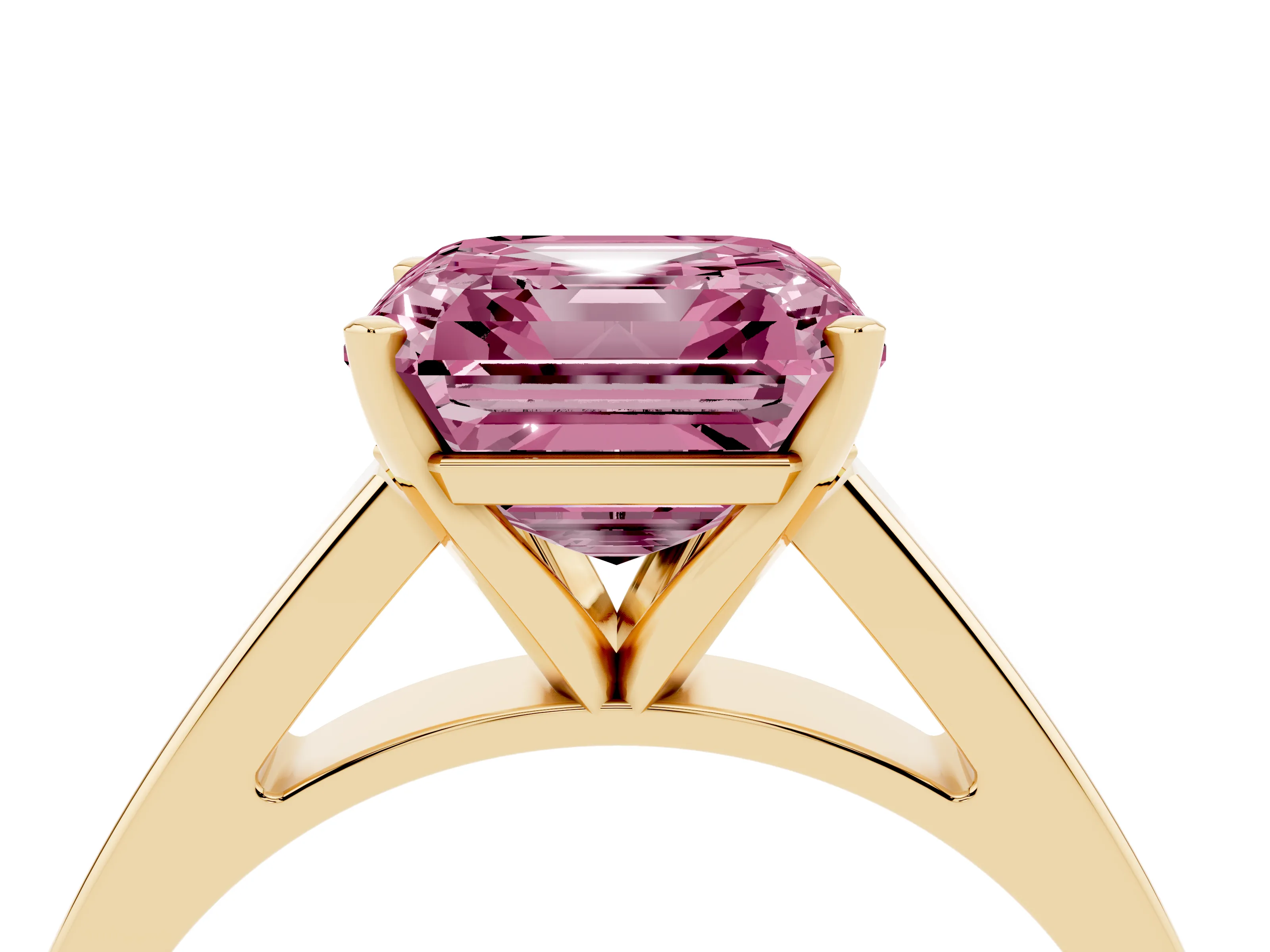 Fancy Pink Asscher Cut Diamond Solitaire Engagement Ring Set in Yellow gold with Prong Setting and Tapered Band