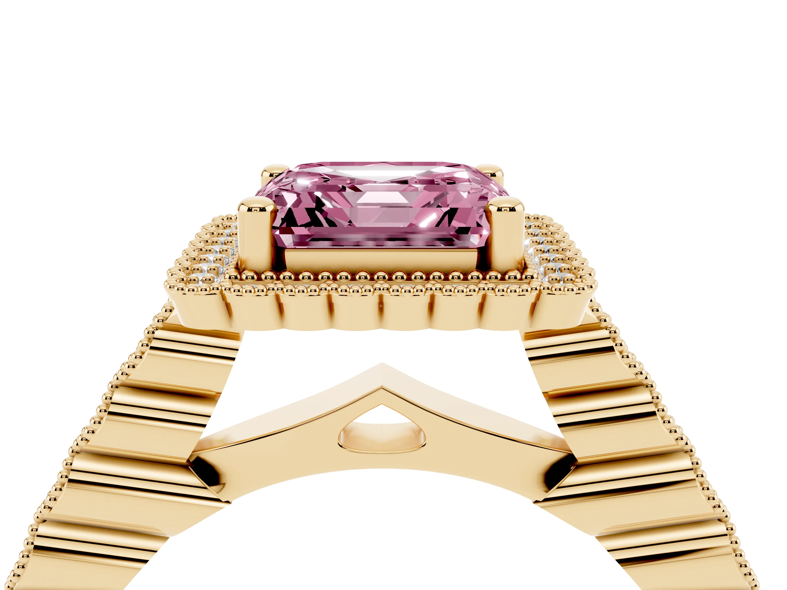 Fancy Pink Asscher Cut Diamond Halo Ring Set in Yellow gold with Pavé Milgrain Band