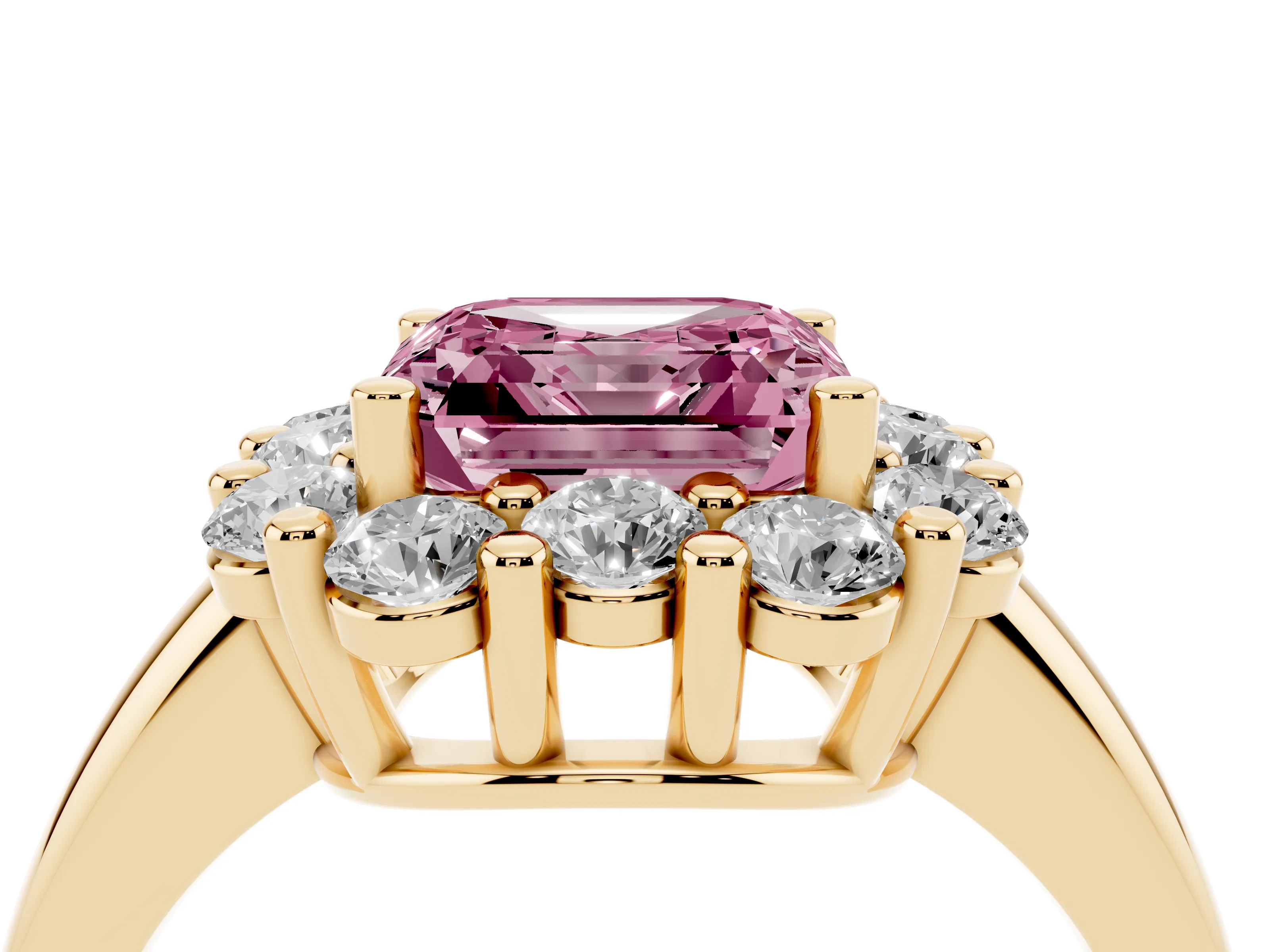 Fancy Pink Asscher Cut Diamond Halo Cluster Engagement Ring Set in Yellow gold with Polished Band and Prong Setting