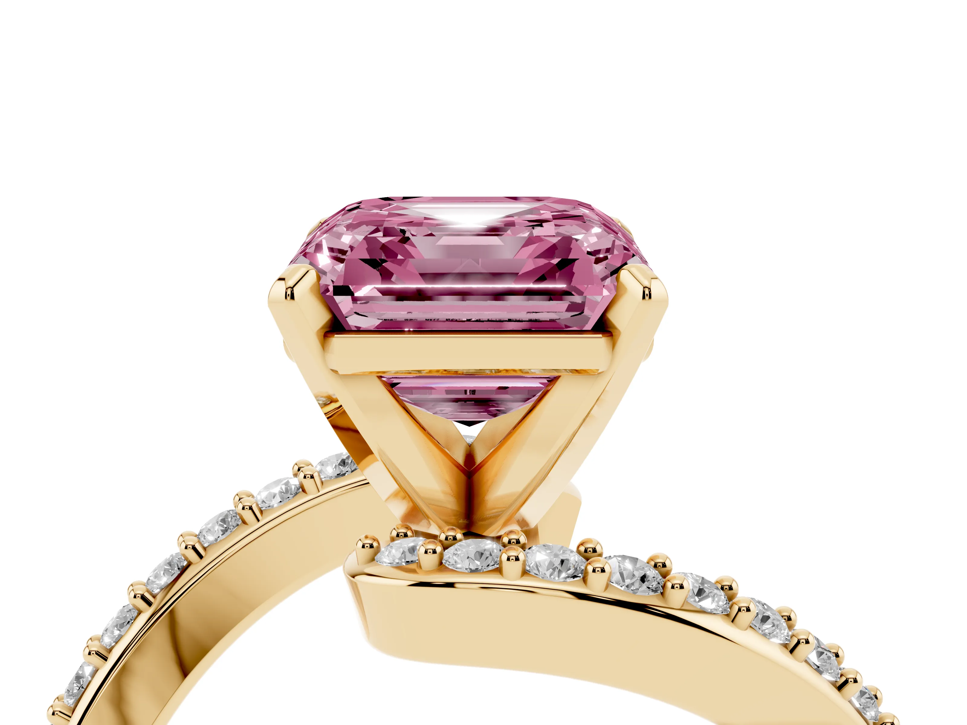 Fancy Pink Asscher Cut Diamond Solitaire Ring Set in Yellow gold with Pavé Twist Band and Prong Setting