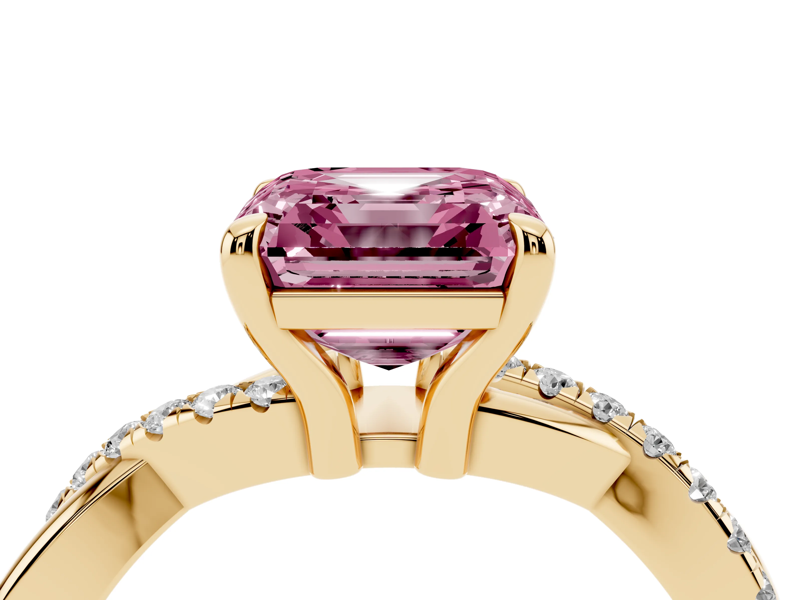 Fancy Pink Asscher Cut Diamond Twist Band Pavé Solitaire Ring Set in Yellow gold with Prong Setting