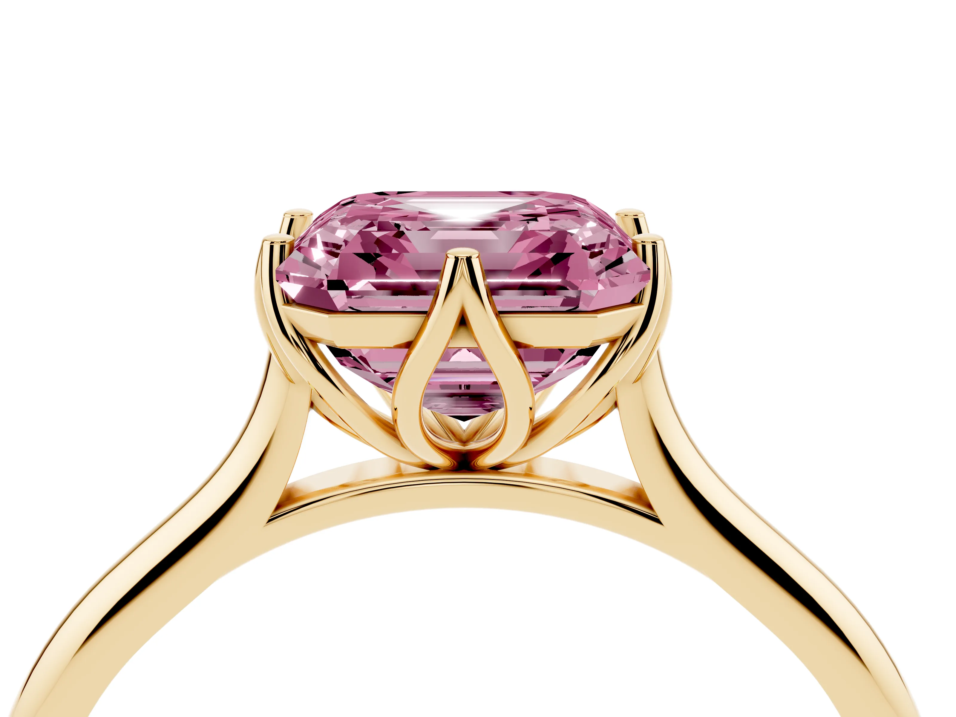 Fancy Pink Asscher Cut Diamond Solitaire Cathedral Ring Set in Yellow gold with Prong Setting