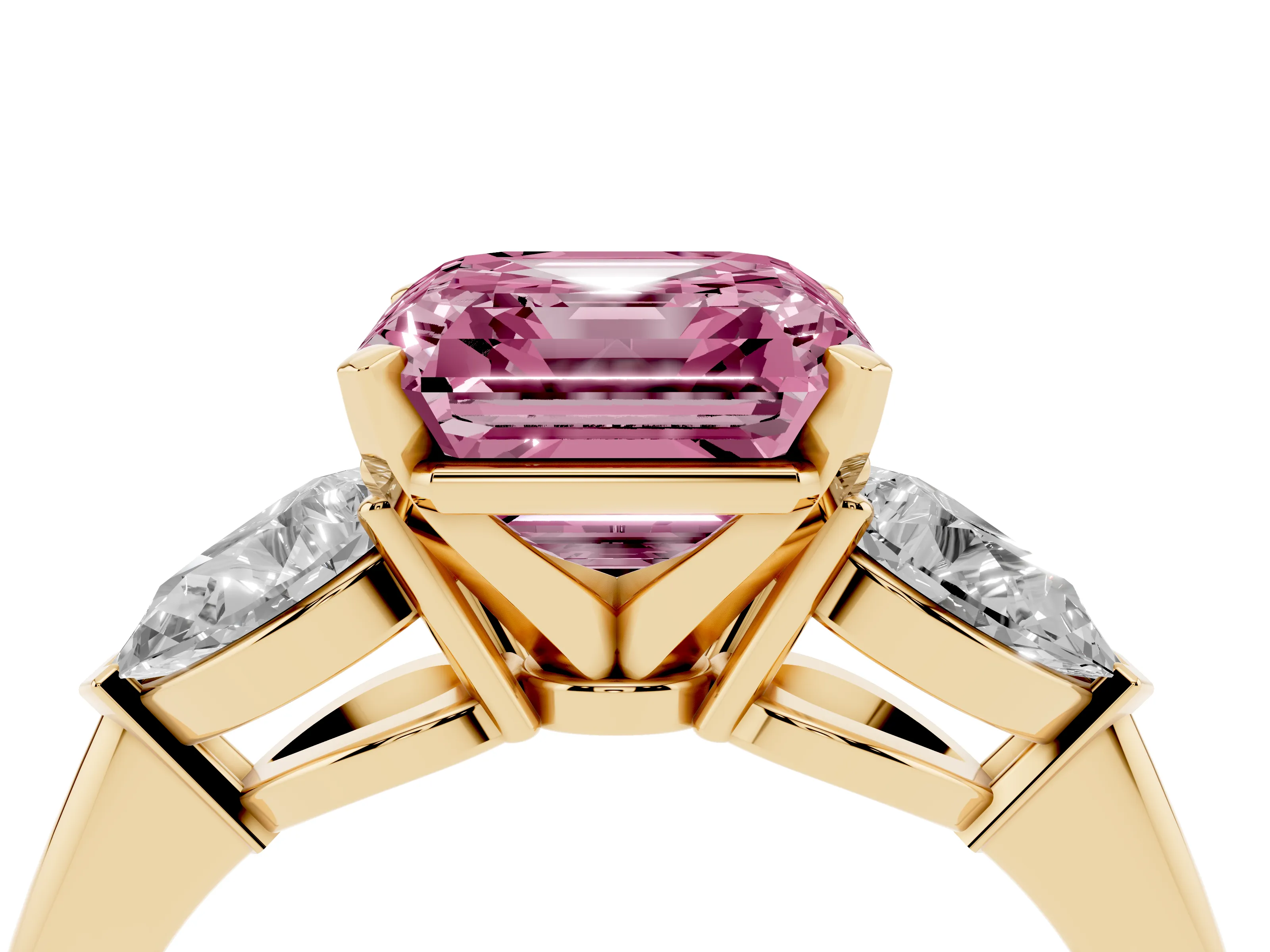 Fancy Pink Three-Stone Asscher Cut Diamond Ring Set in Yellow gold with Pear Side Stones and Prong Setting
