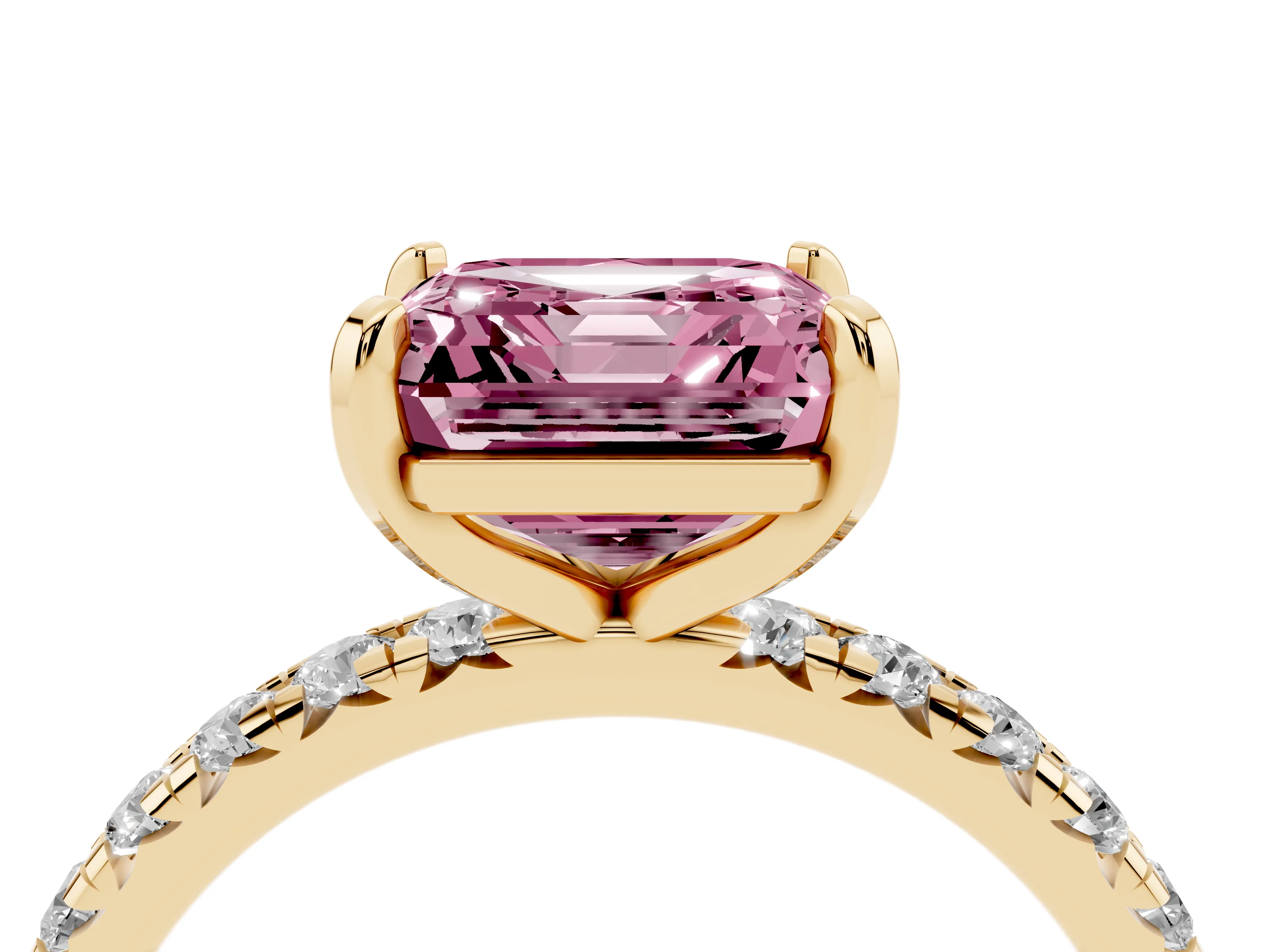 Fancy Pink Asscher Cut Diamond Pavé Solitaire Ring Set in Yellow gold with Round Band and Prong Setting