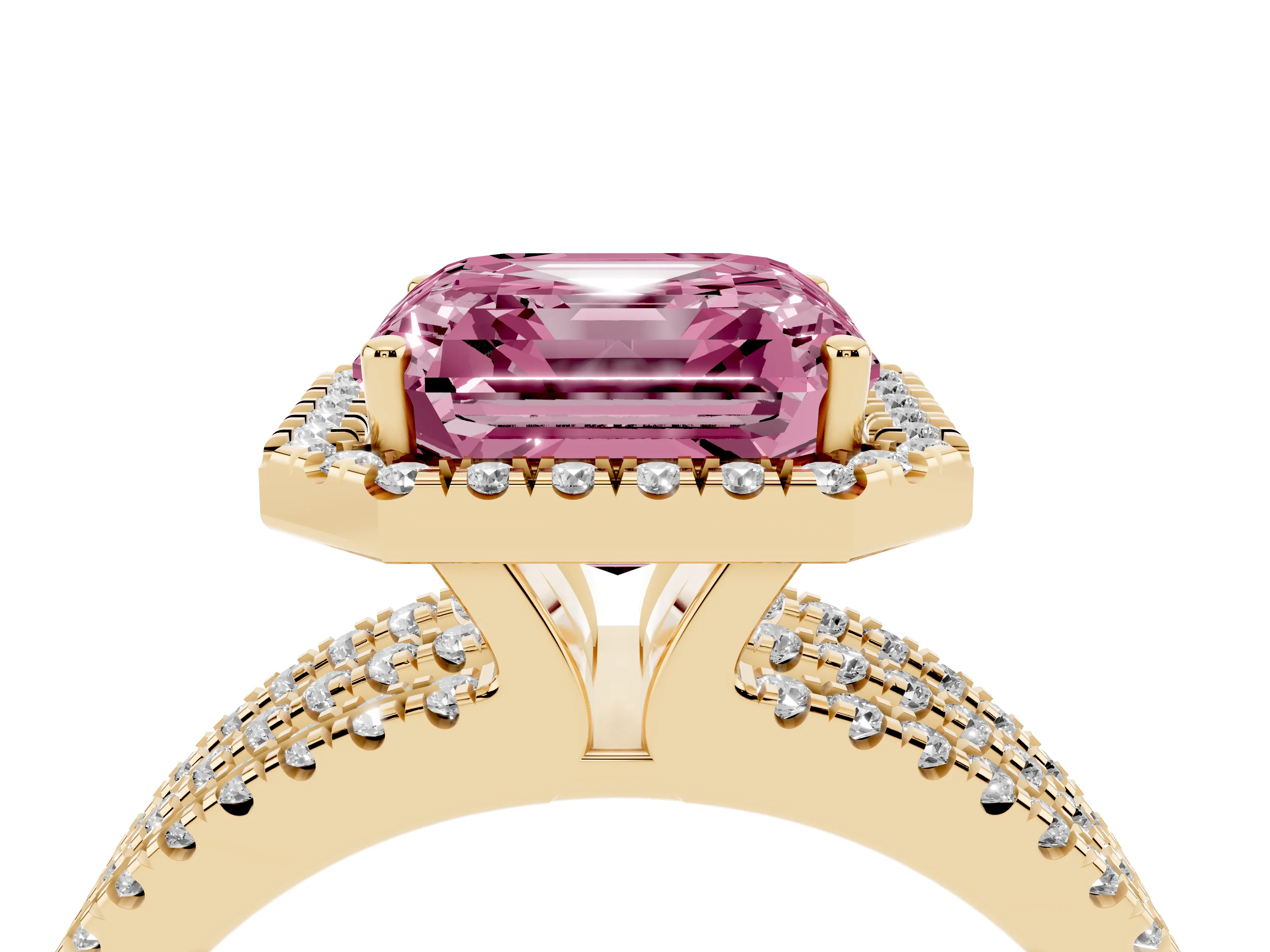 Fancy Pink Asscher Cut Diamond Halo Split Shank Engagement Ring Set in Yellow gold with Prong Setting