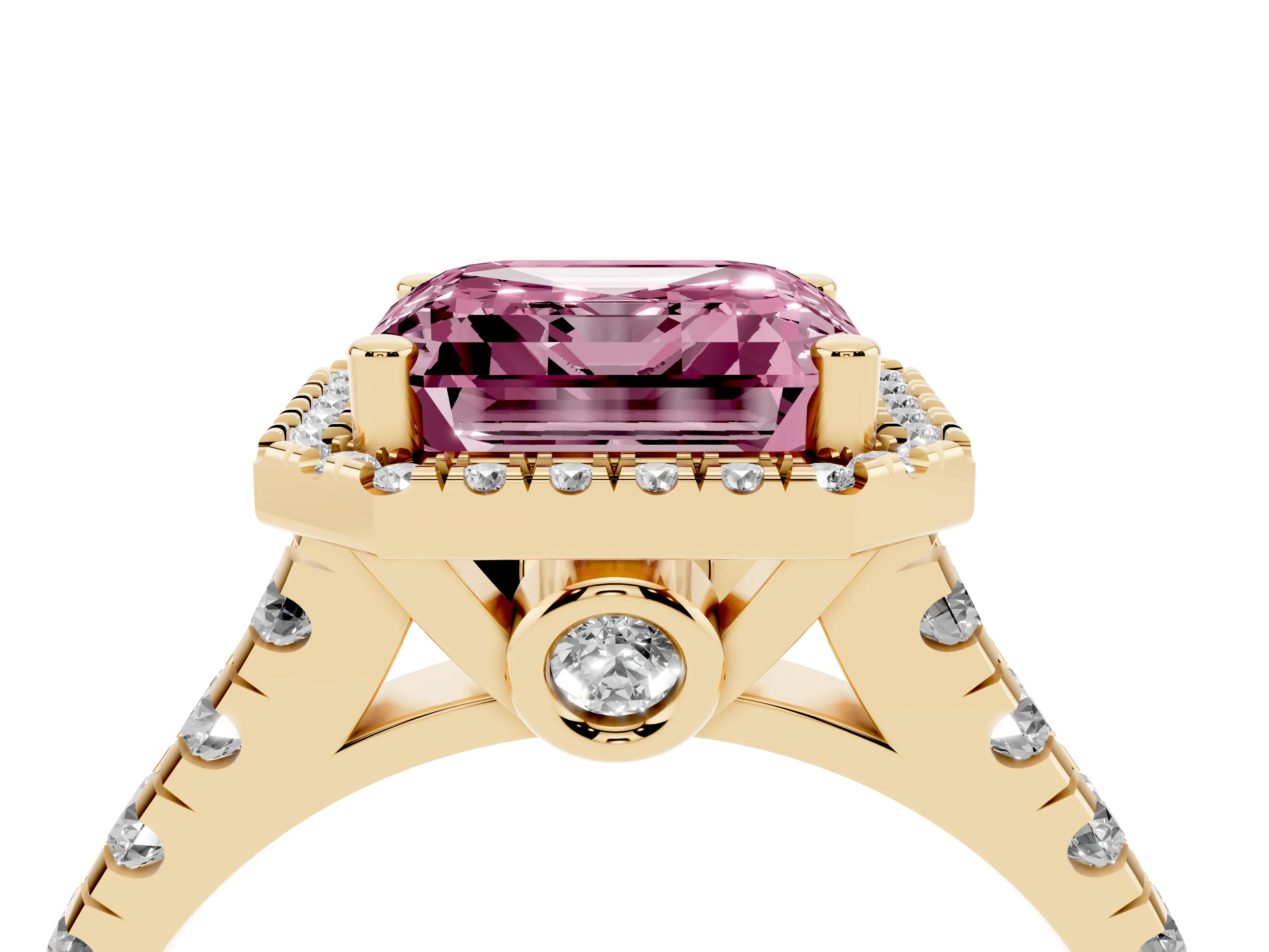 Fancy Pink Asscher Cut Diamond Halo Engagement Ring Set in Yellow gold with Pavé Band and Prong-Set Center
