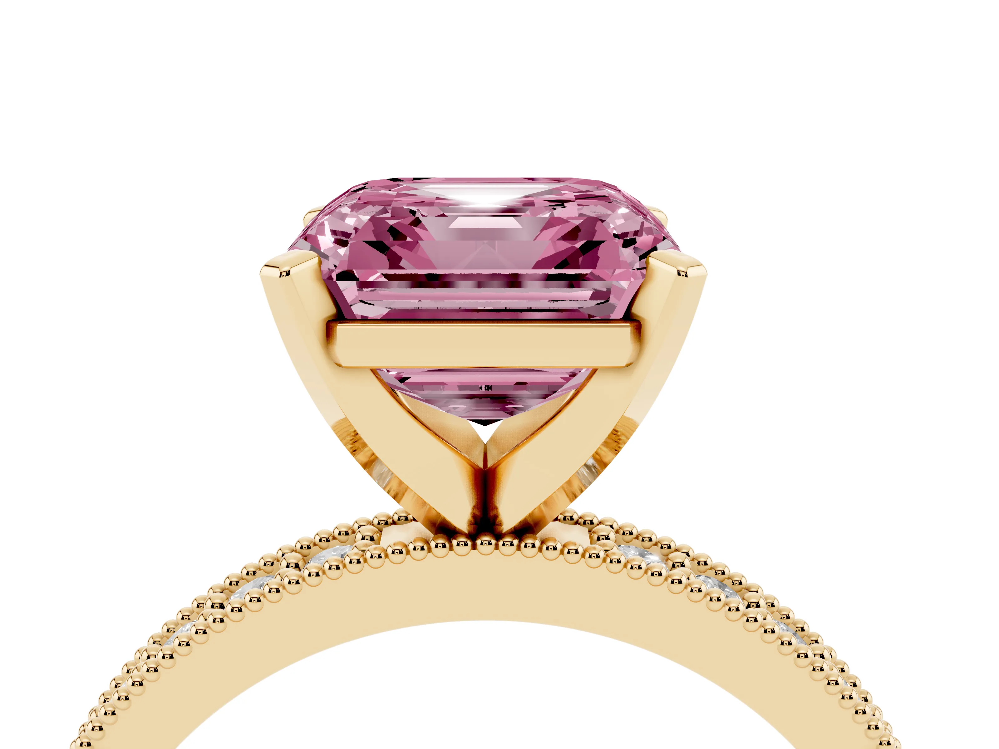 Fancy Pink Asscher Cut Diamond Milgrain Pavé Engagement Ring Set in Yellow gold with Prong Setting