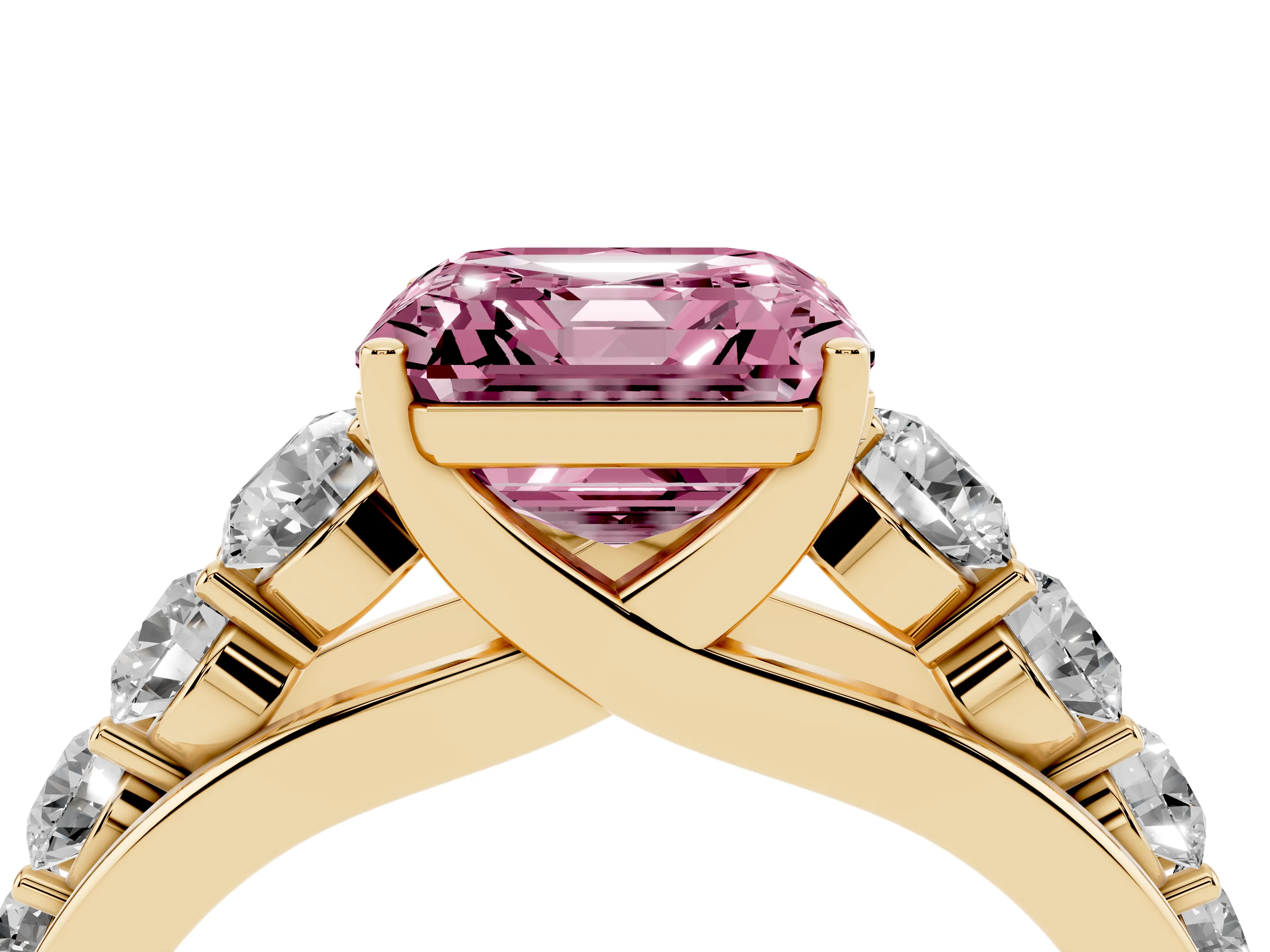 Fancy Pink Asscher Cut Diamond Solitaire Ring Set in Yellow gold with Pavé-Set Band and Prong Setting