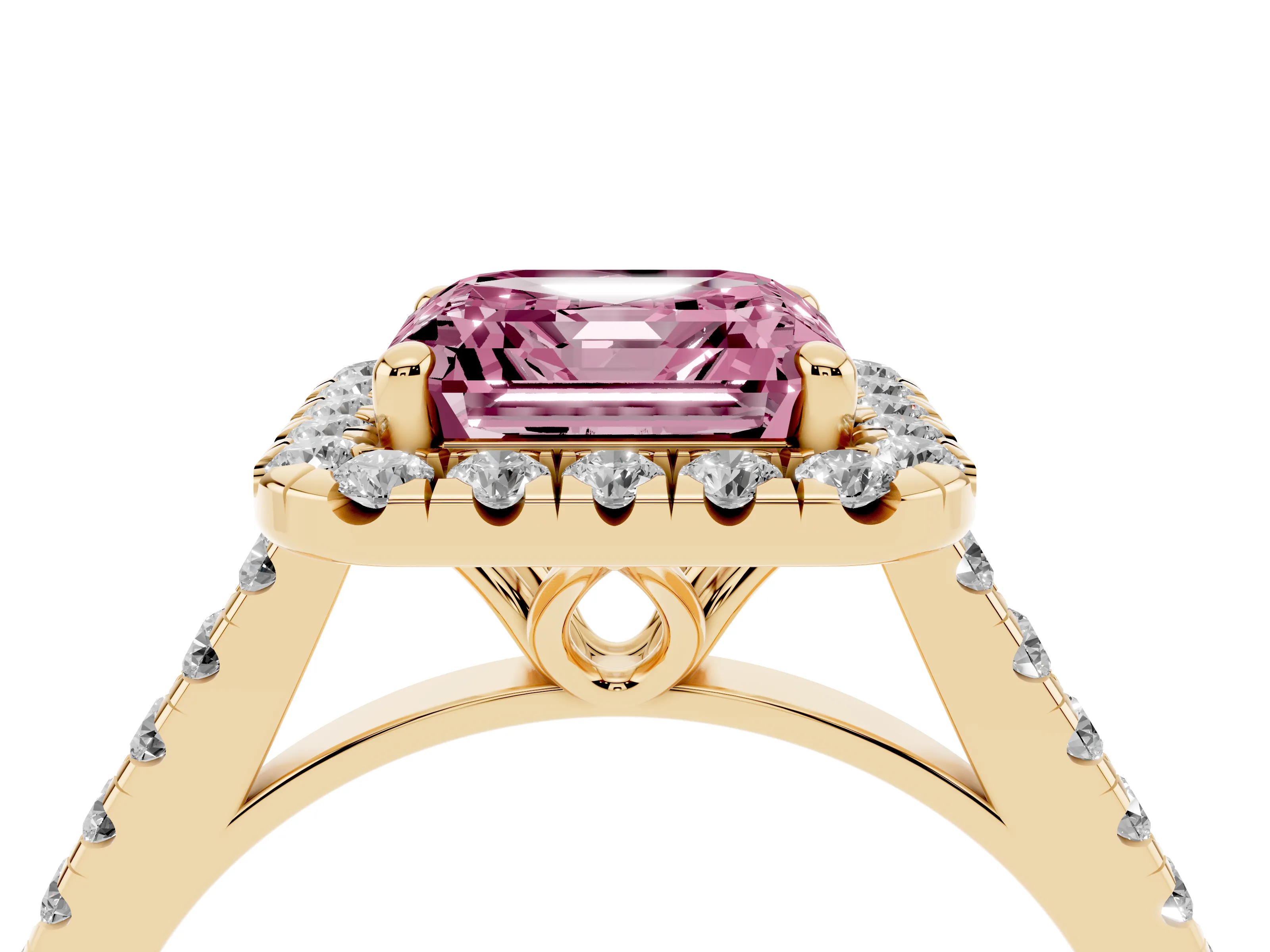Fancy Pink Asscher Cut Diamond Pavé Halo Engagement Ring Set in Yellow gold with Pavé Band and Prong Setting