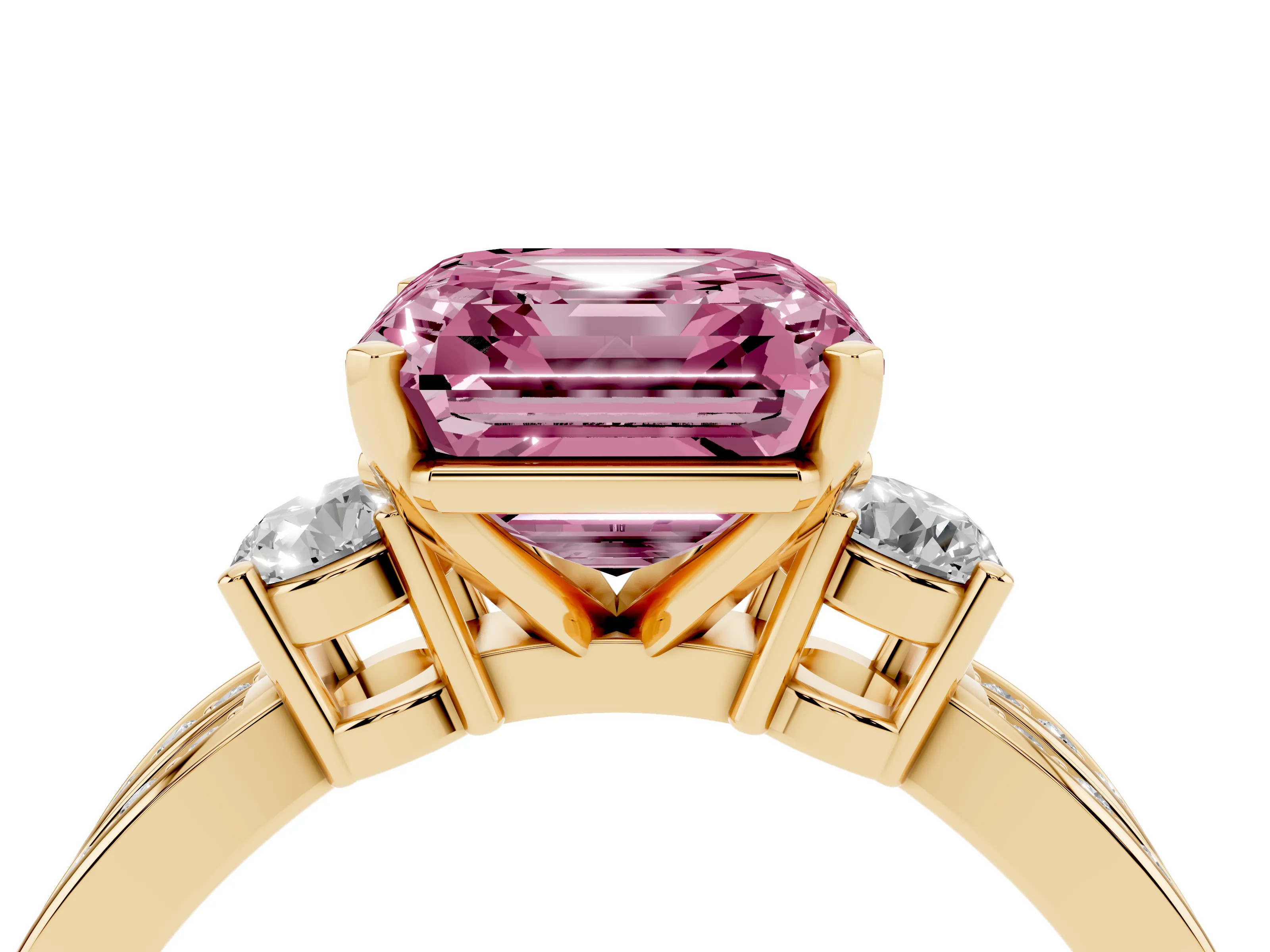 Fancy Pink Three-Stone Asscher Cut Diamond Twist Band Ring Set in Yellow gold with Pavé Accents and Prong Setting