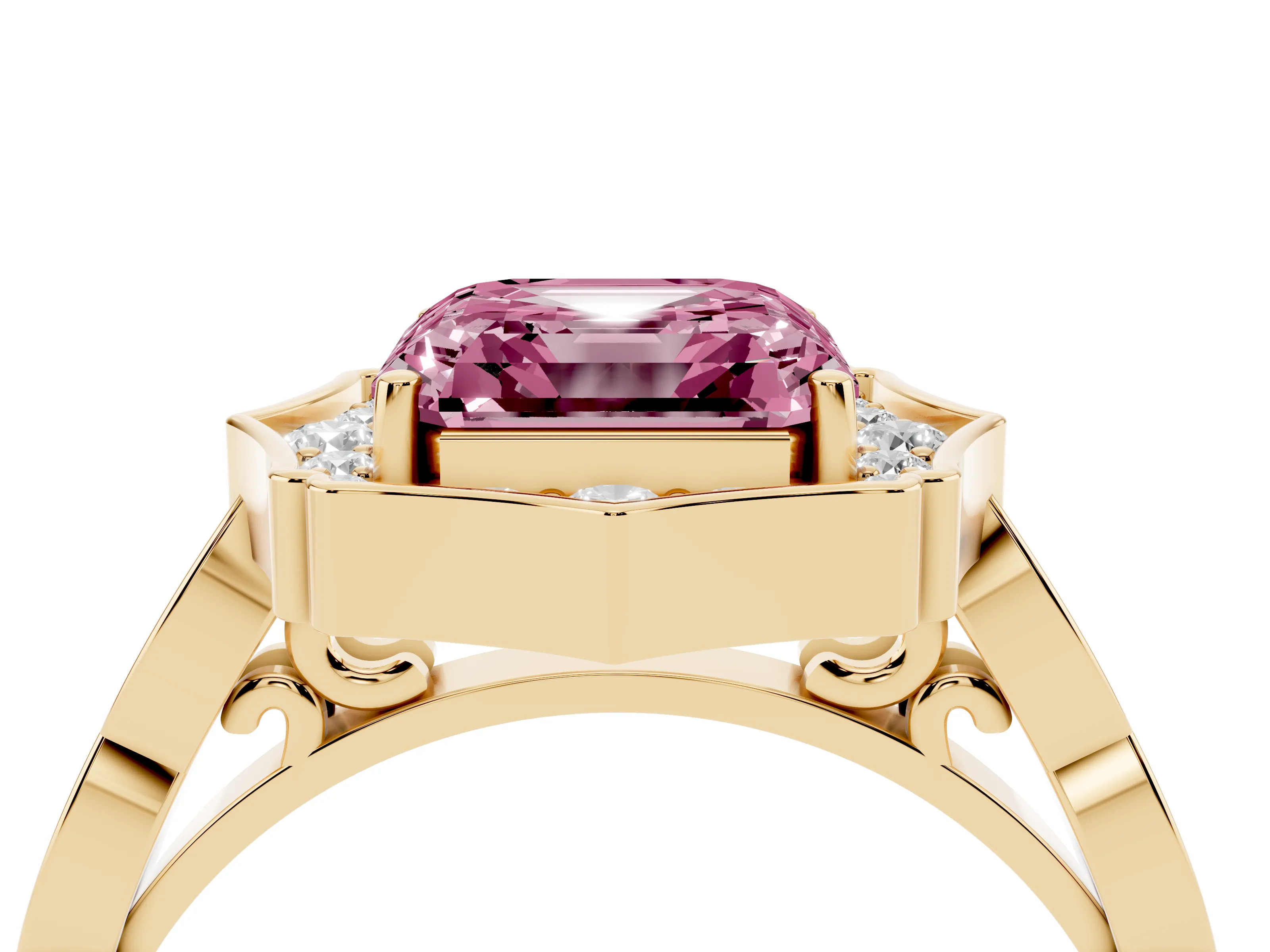 Fancy Pink Asscher Cut Diamond Halo Engagement Ring Set in Yellow gold with Milgrain Band and Prong Setting