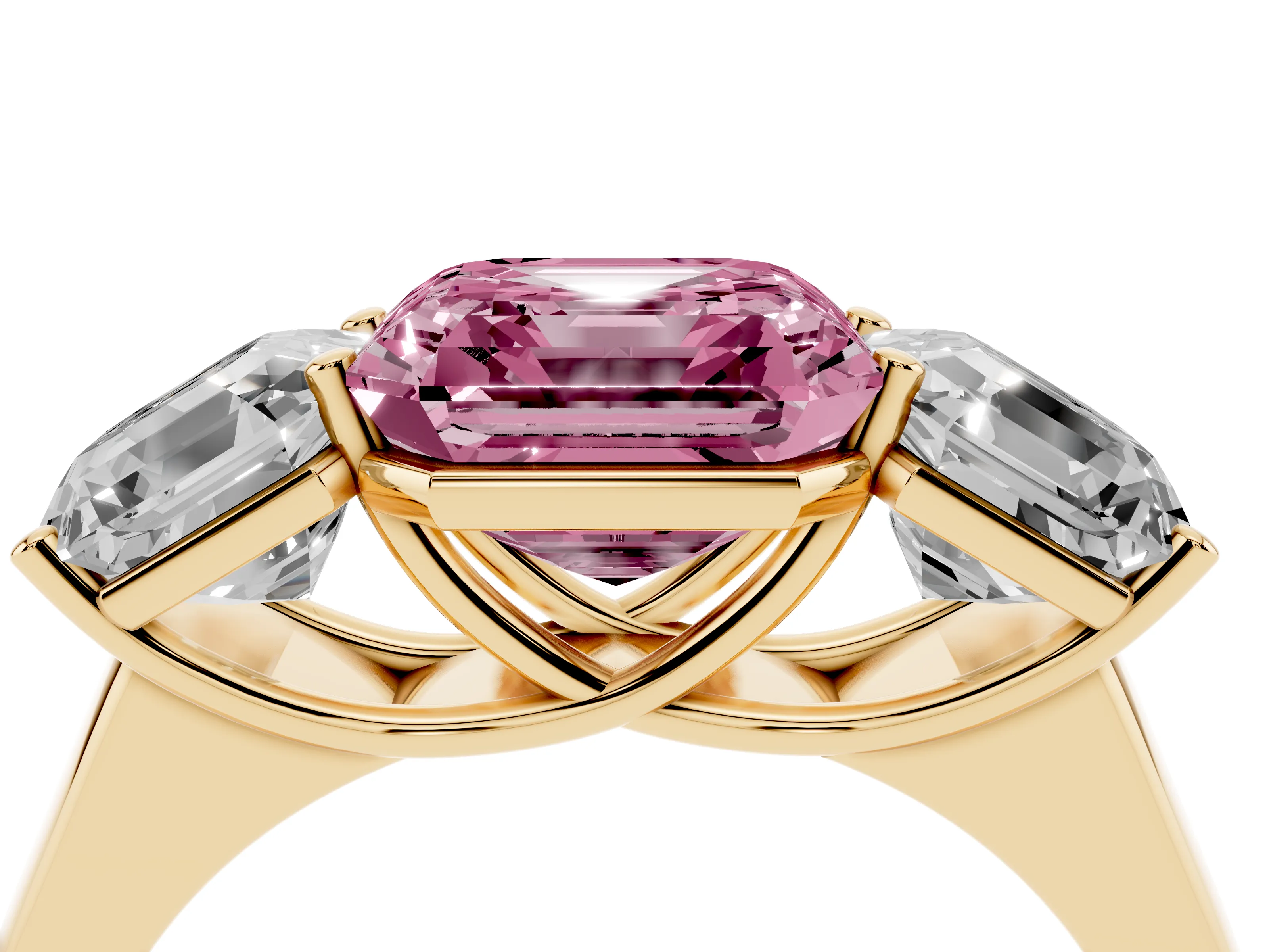 Fancy Pink Asscher Cut Diamond Three-Stone Ring Set in Yellow gold with Plain Polished Band