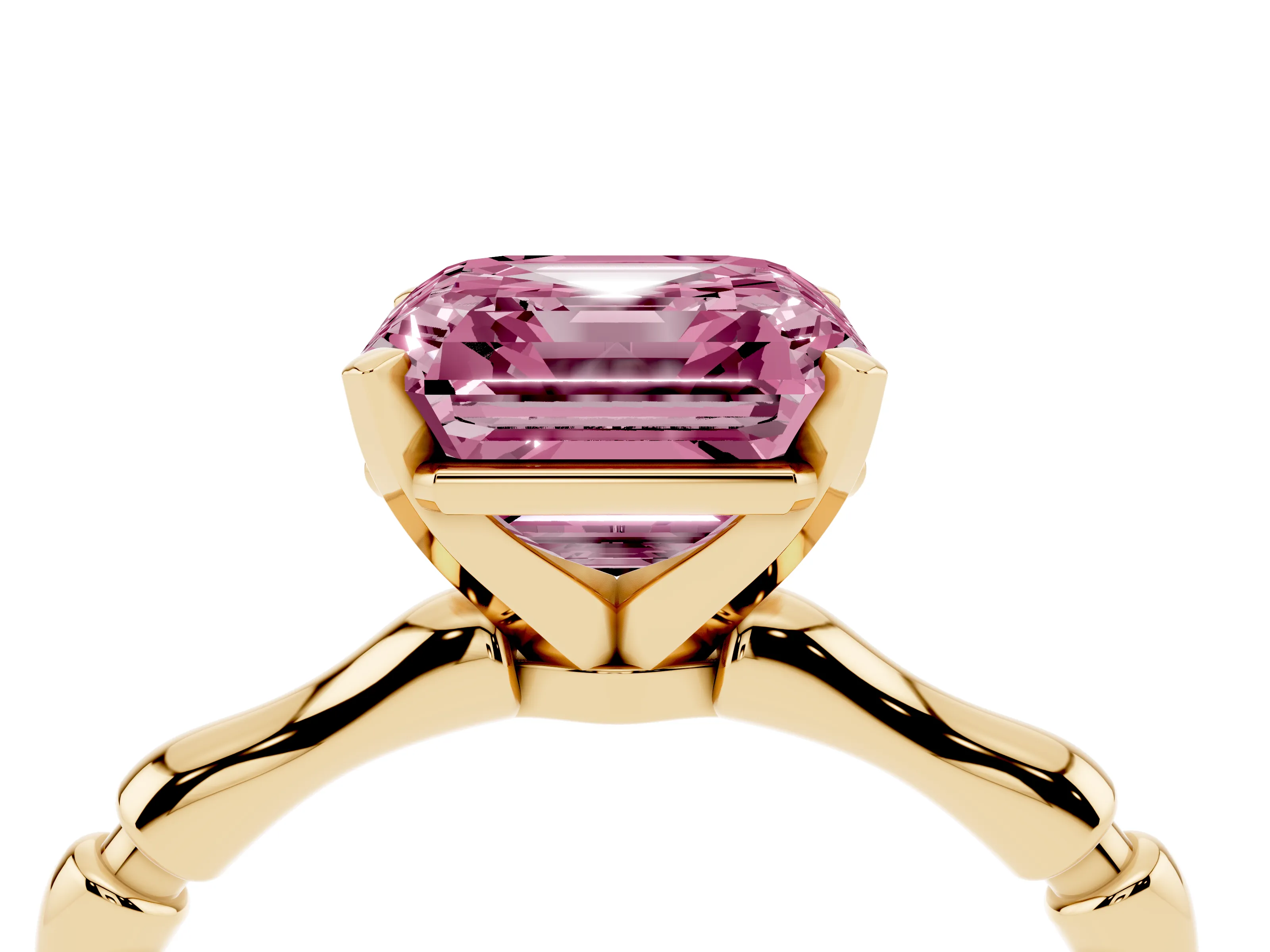 Fancy Pink Asscher Cut Diamond Solitaire Ring Set in Yellow gold with Bamboo Band and Prong Setting