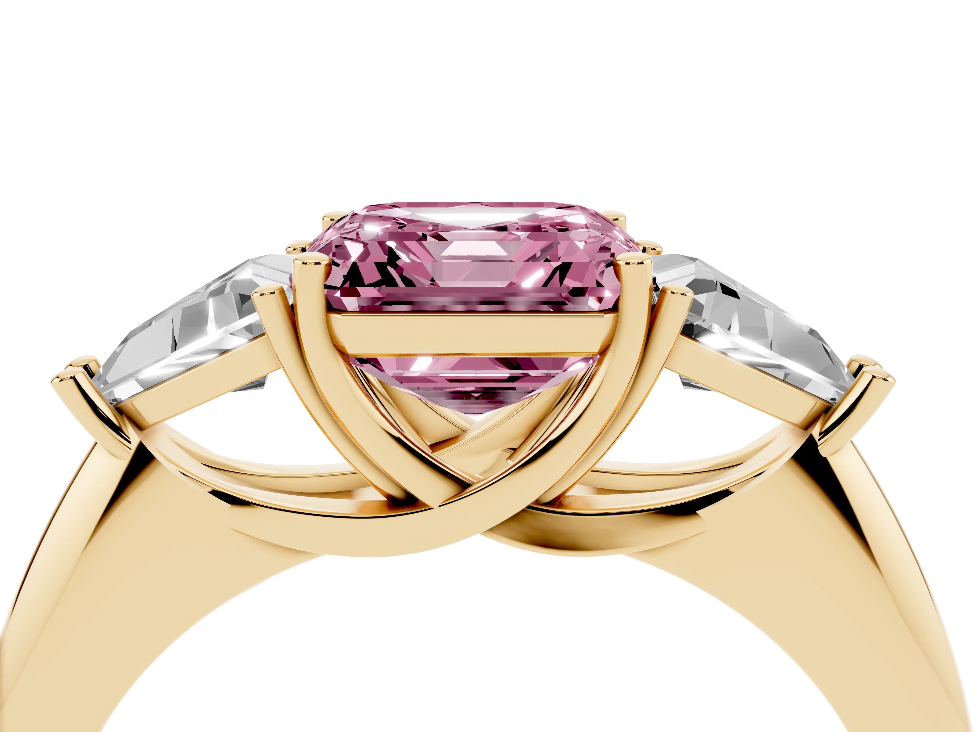 Fancy Pink Asscher Cut Diamond Three-Stone Engagement Ring Set in Yellow gold with Trillion Side Stones
