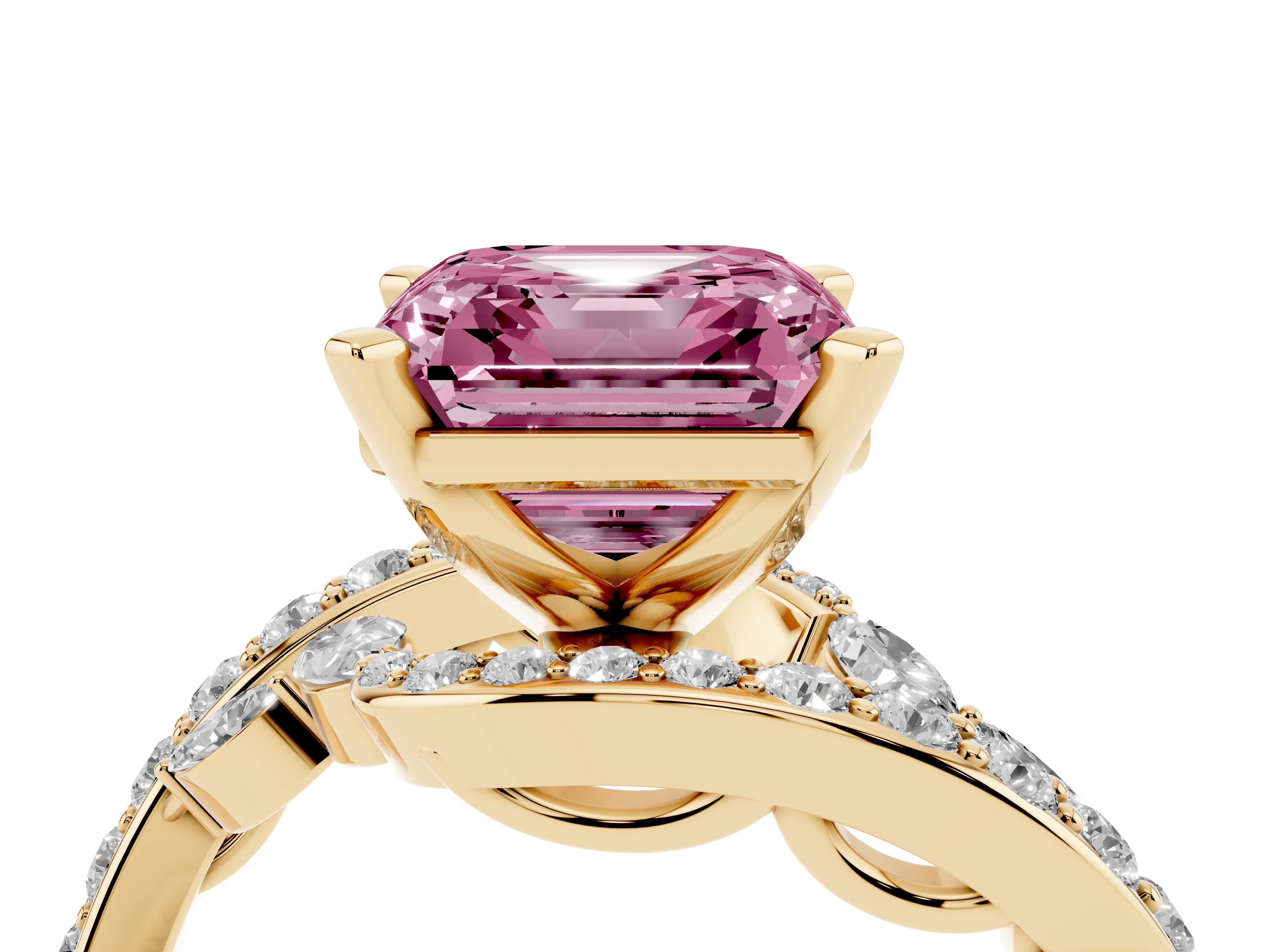 Fancy Pink Asscher Cut Diamond Solitaire Ring Set in Yellow gold with Pavé Twist Band and Secure Prong Setting