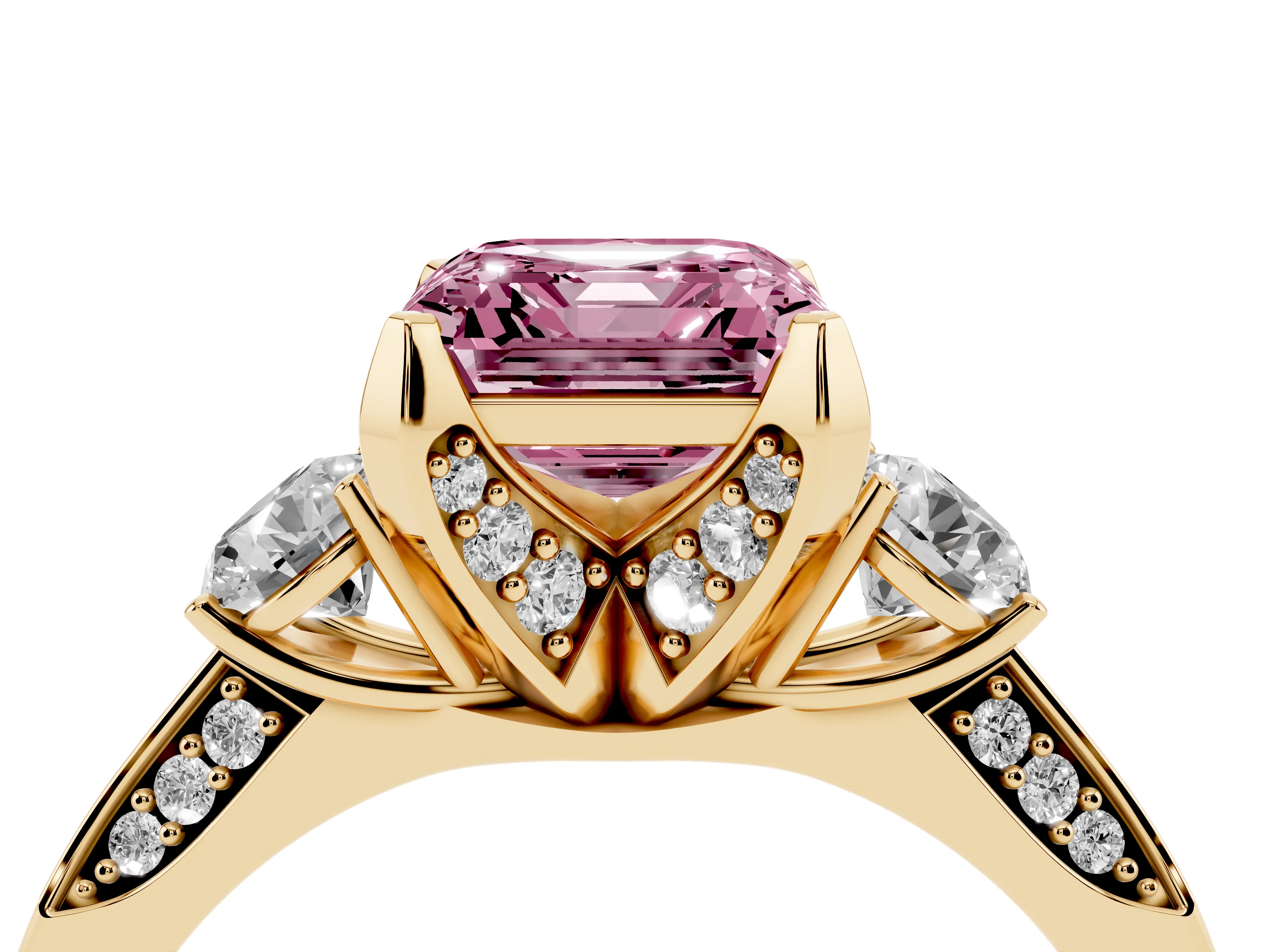 Fancy Pink Asscher Cut Diamond Three-Stone Ring Set in Yellow gold with Pavé Band and Smaller Side Stones