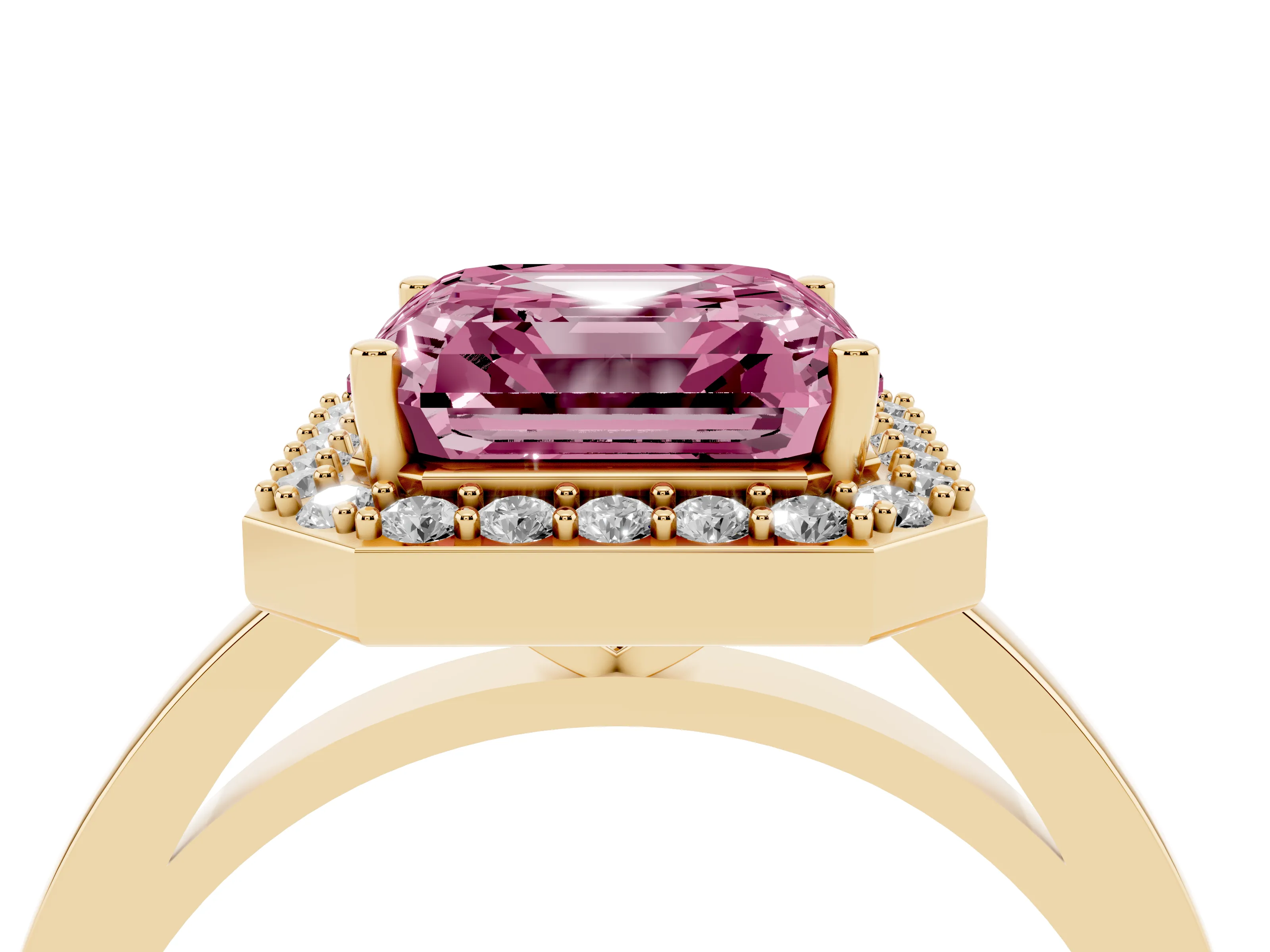 Fancy Pink Asscher Cut Diamond Halo Ring Set in Yellow gold with Solitaire Band and Prong Setting