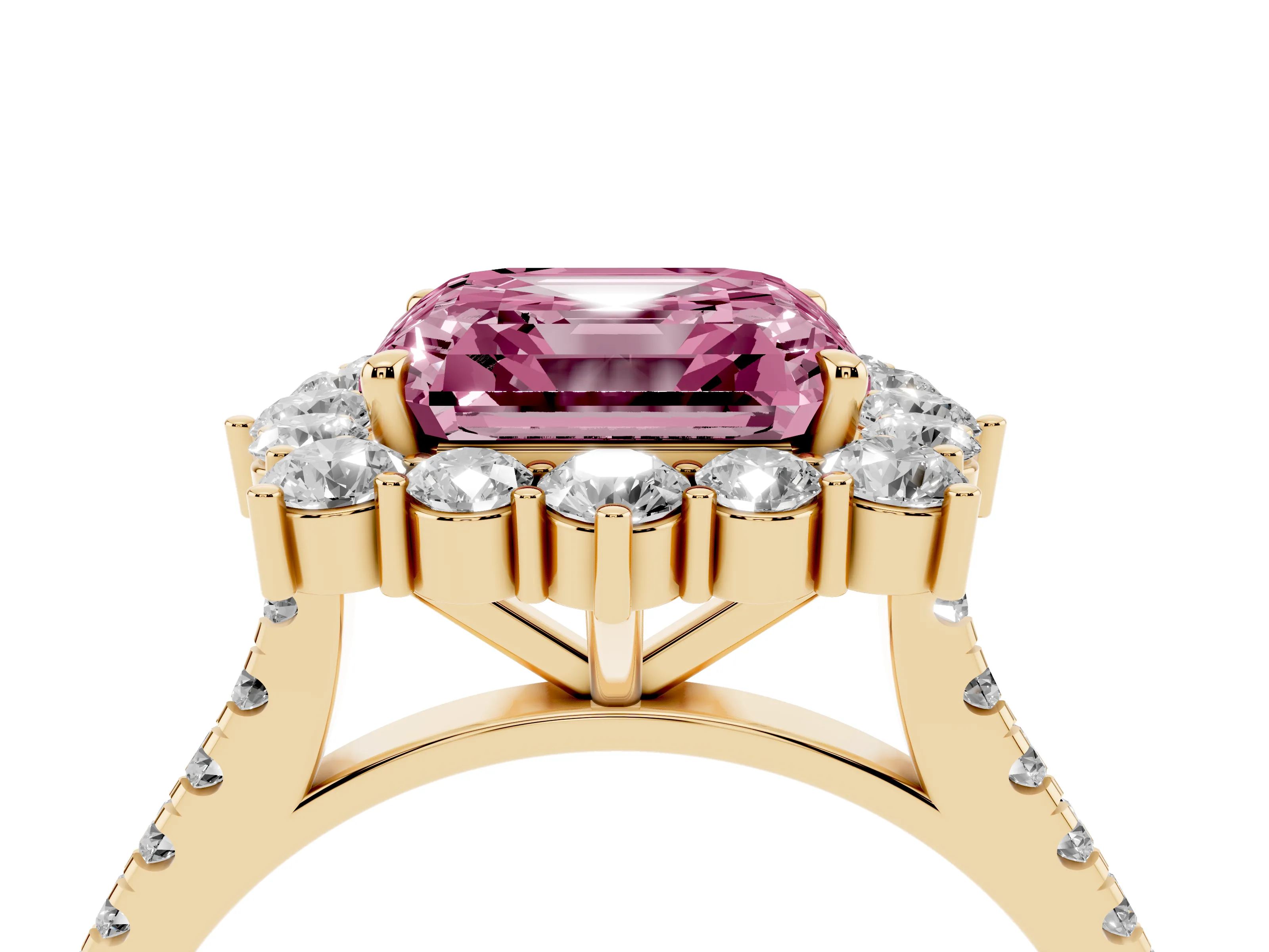 Fancy Pink Asscher Cut Diamond Halo Ring Set in Yellow gold with Pavé Band and Prong Setting