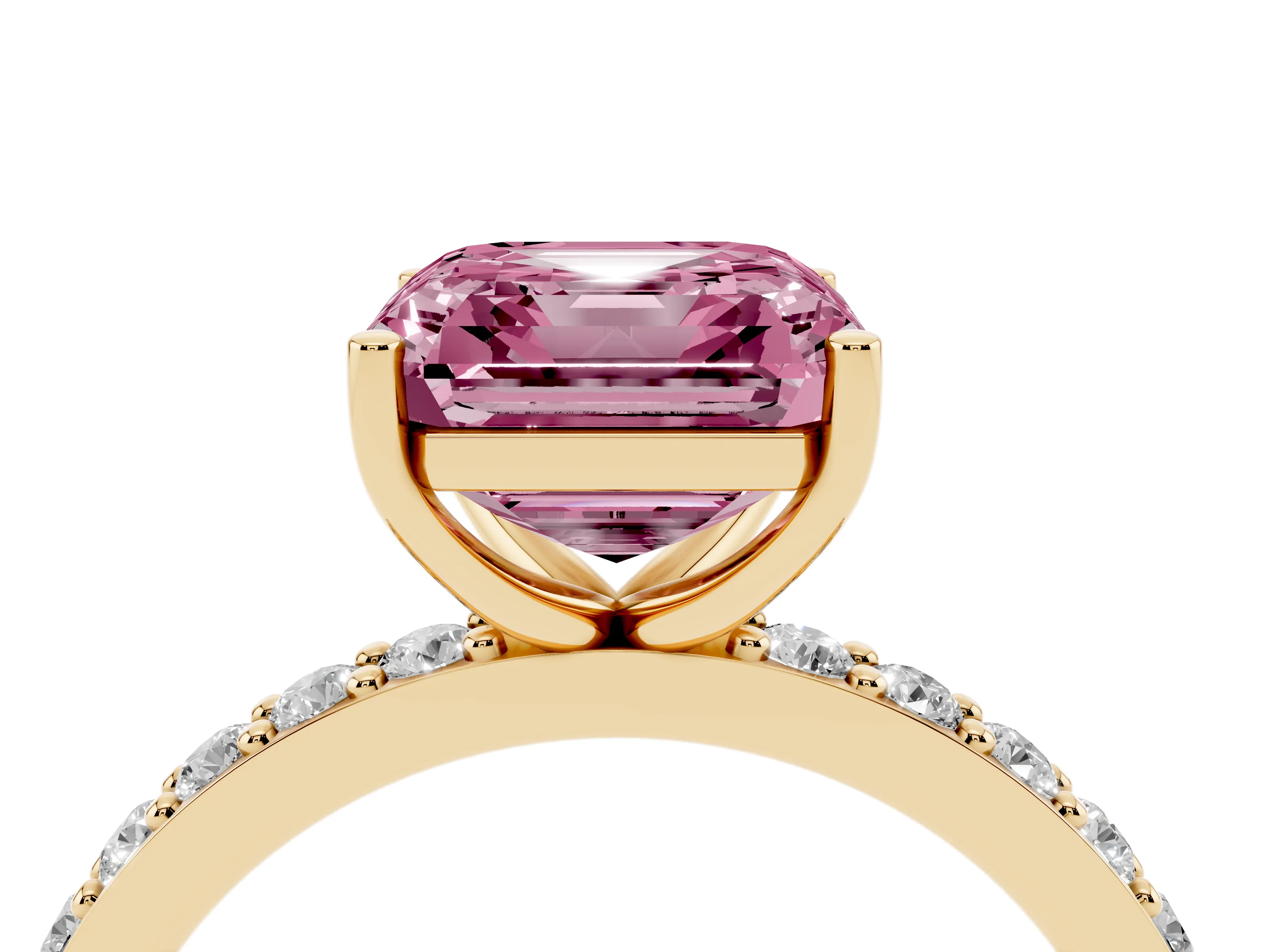 Fancy Pink Asscher Cut Diamond Solitaire Set in Yellow gold with Round Pavé Band and Prong Setting