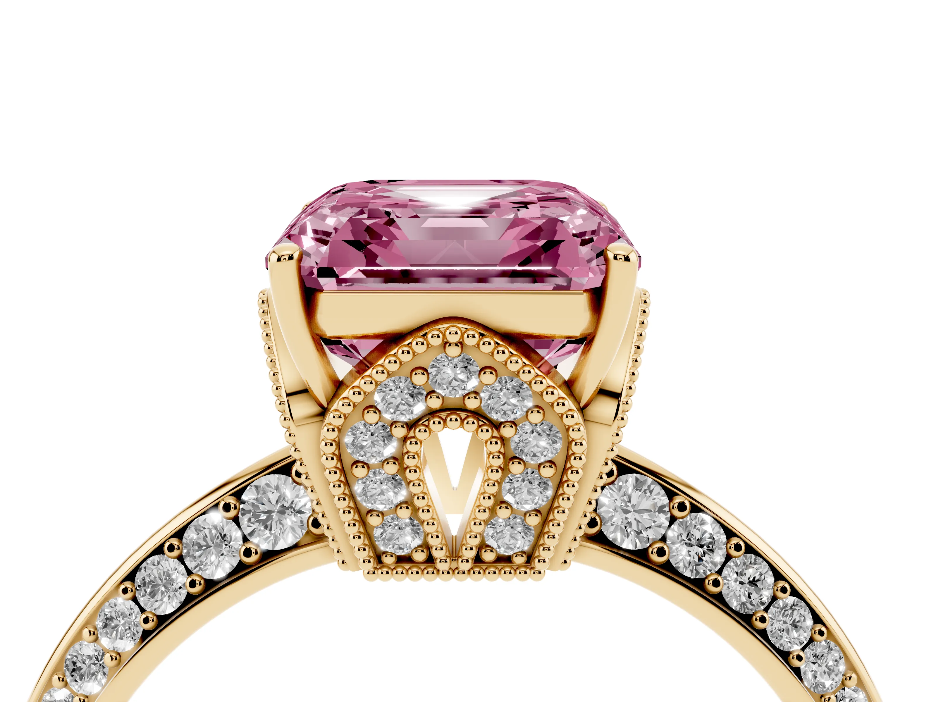 Fancy Pink Asscher Cut Diamond Solitaire Engagement Ring Set in Yellow gold with Pavé Split Shank and Prong Setting