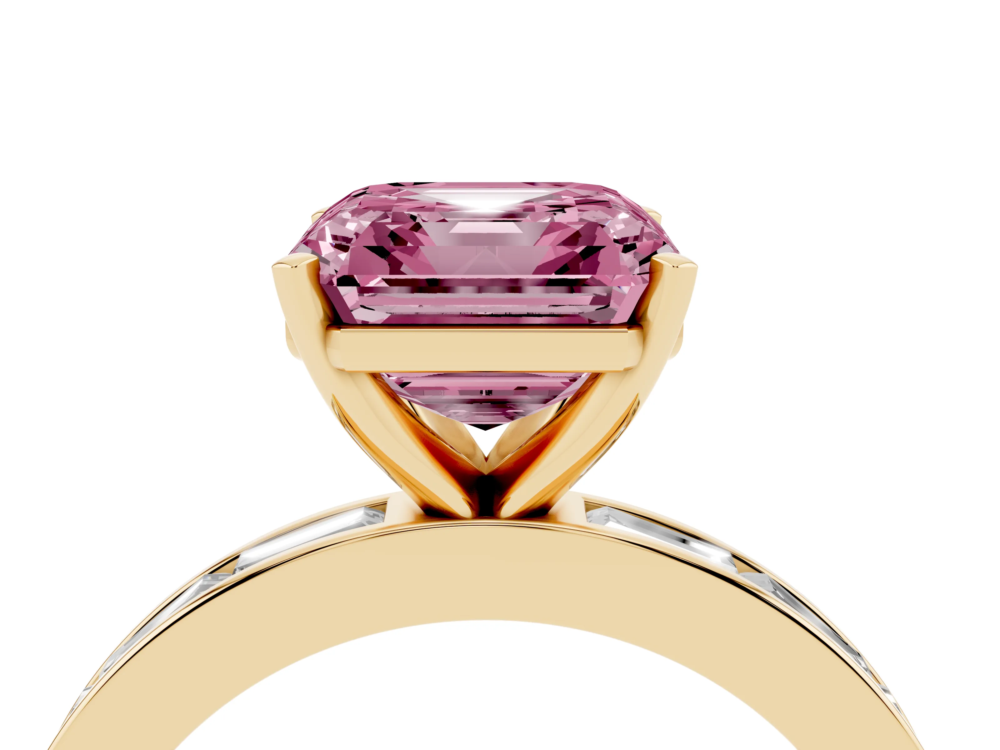 Fancy Pink Asscher Cut Diamond Solitaire Ring Set in Yellow gold with Channel-Set Baguette Band and Prong Setting