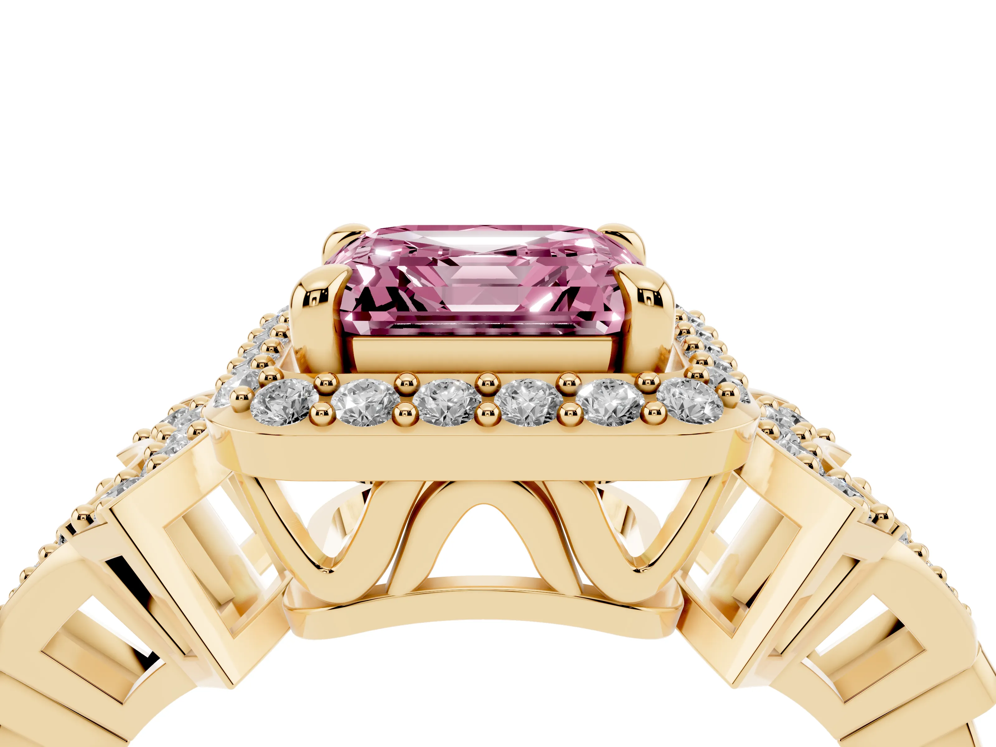 Fancy Pink Asscher Cut Diamond Halo Engagement Ring Set in Yellow gold with Accent Stone Split Shank