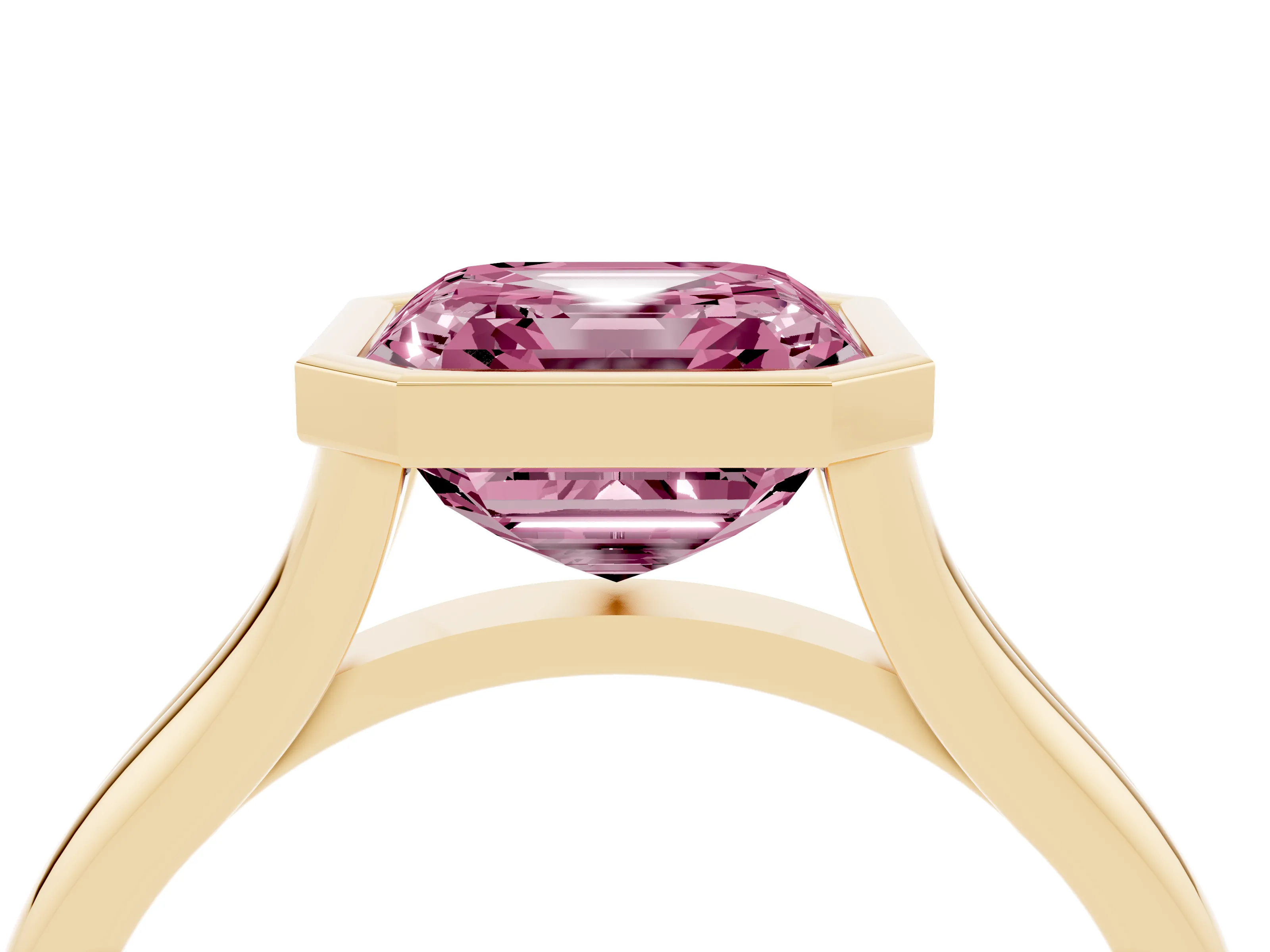 Fancy Pink Bezel Set Asscher Cut Diamond Solitaire Ring Set in Yellow gold with Tapered Band