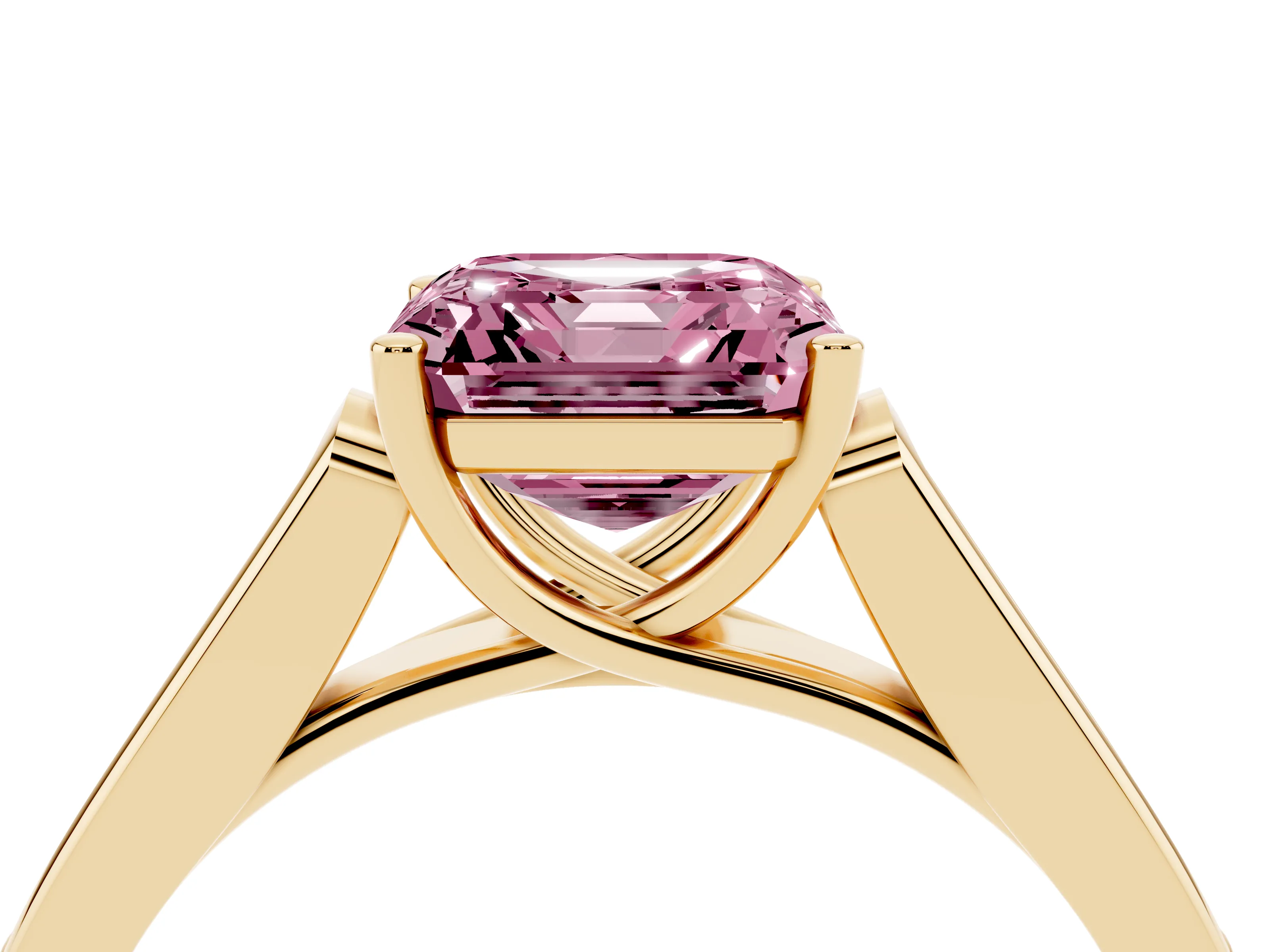 Fancy Pink Asscher Cut Diamond Solitaire Cathedral Engagement Ring Set in Yellow gold with Channel-Set Band and Prong Setting