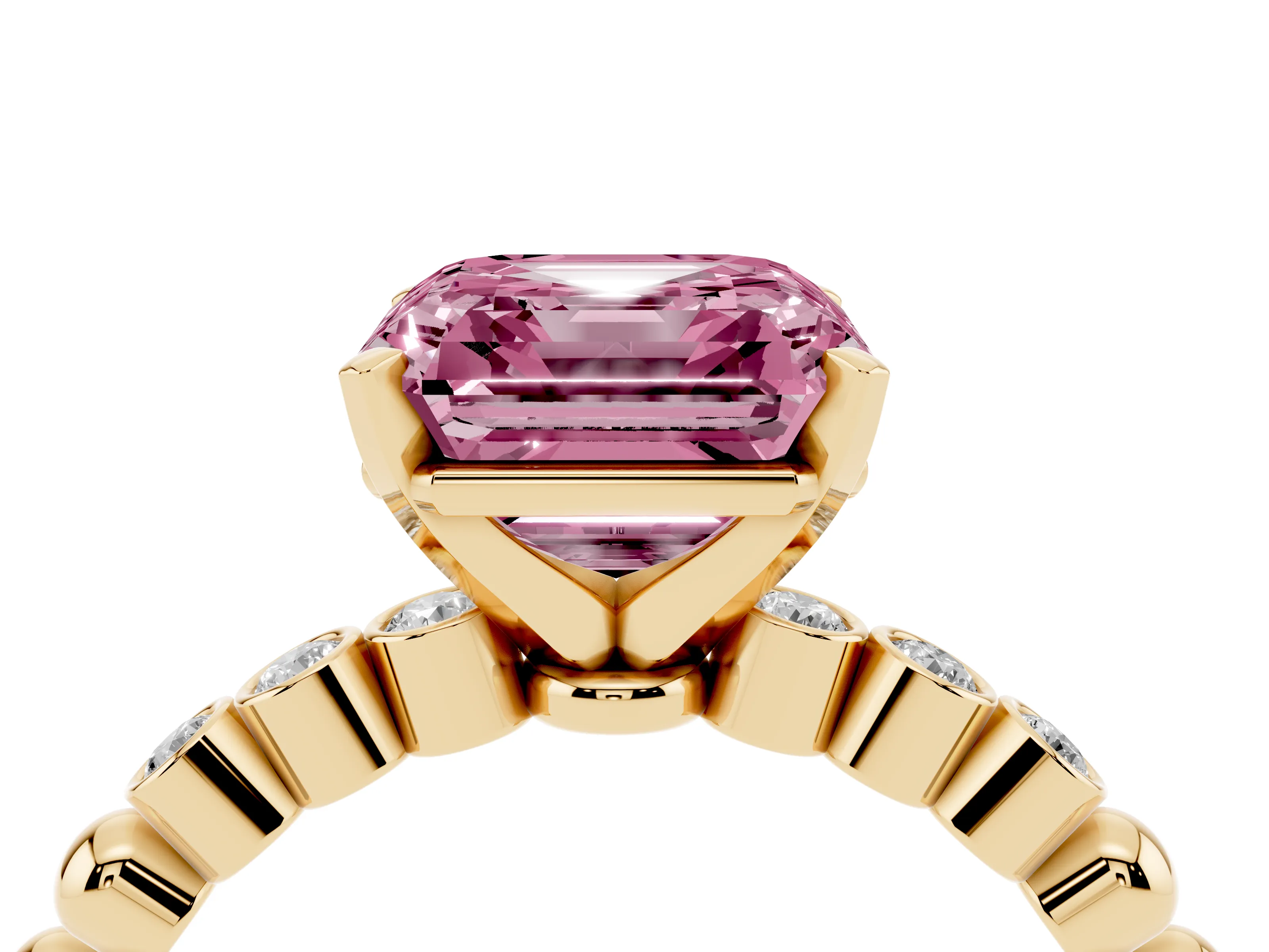 Fancy Pink Asscher Cut Diamond Solitaire Engagement Ring Set in Yellow gold with Bezel Accents on Beaded Band