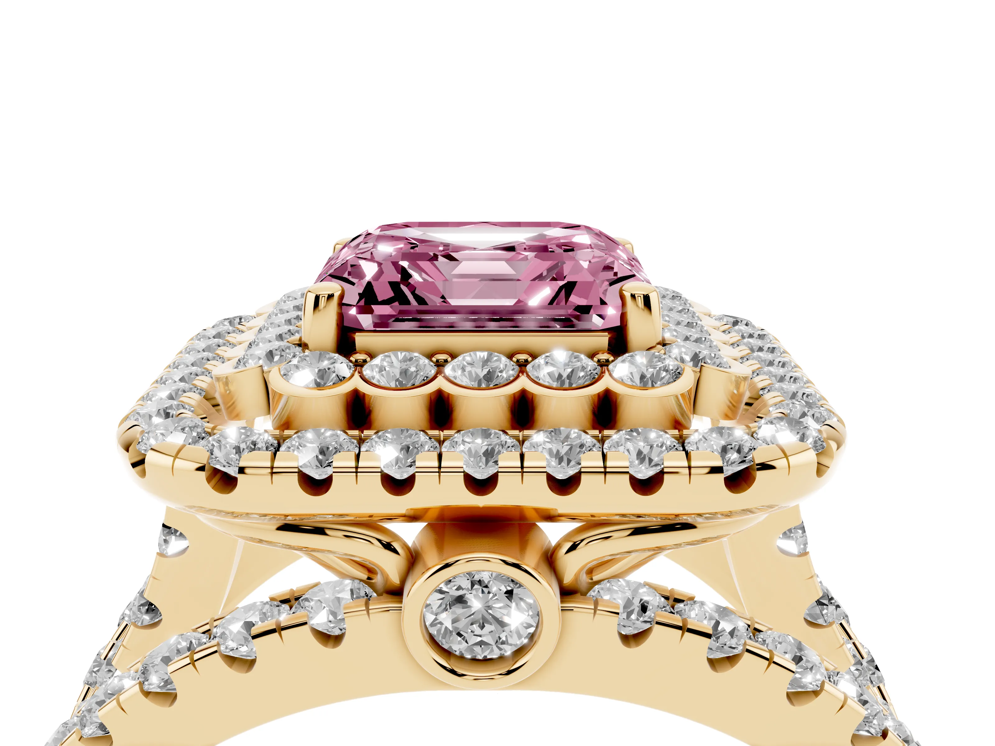 Fancy Pink Asscher Cut Diamond Double Halo Ring Set in Yellow gold with Round Pavé Split Shank