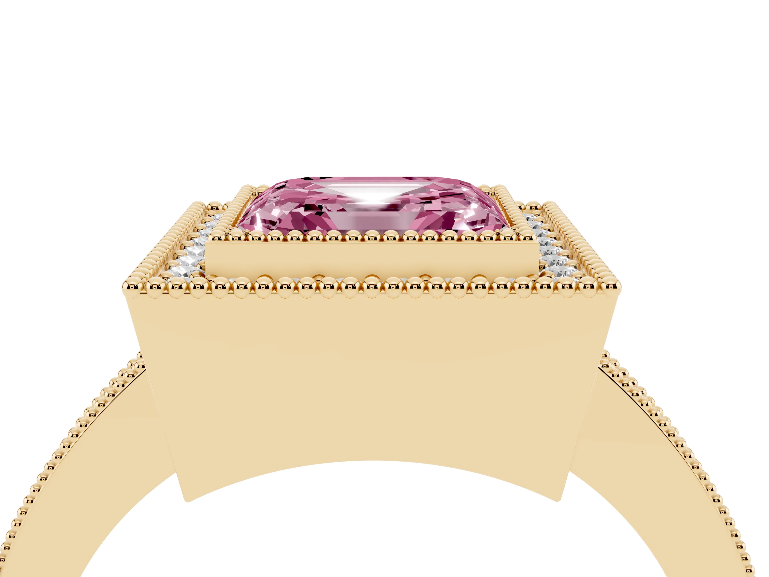 Fancy Pink Asscher Cut Diamond Halo Engagement Ring Set in Yellow gold with Pavé Band and Round Halo Stones