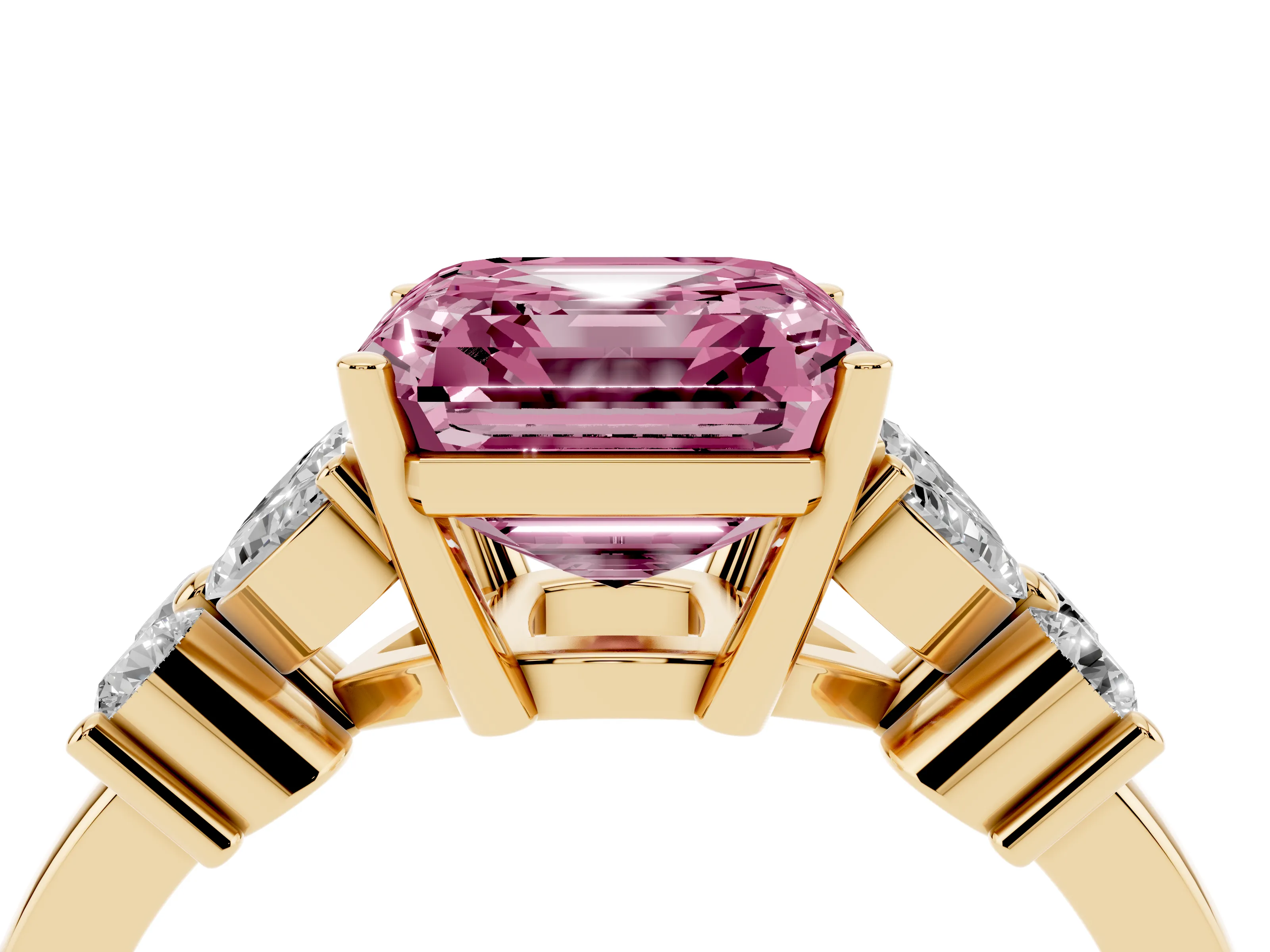 Fancy Pink Asscher Cut Diamond Floral Cluster Ring Set in Yellow gold with Marquise Petals and Prong Setting