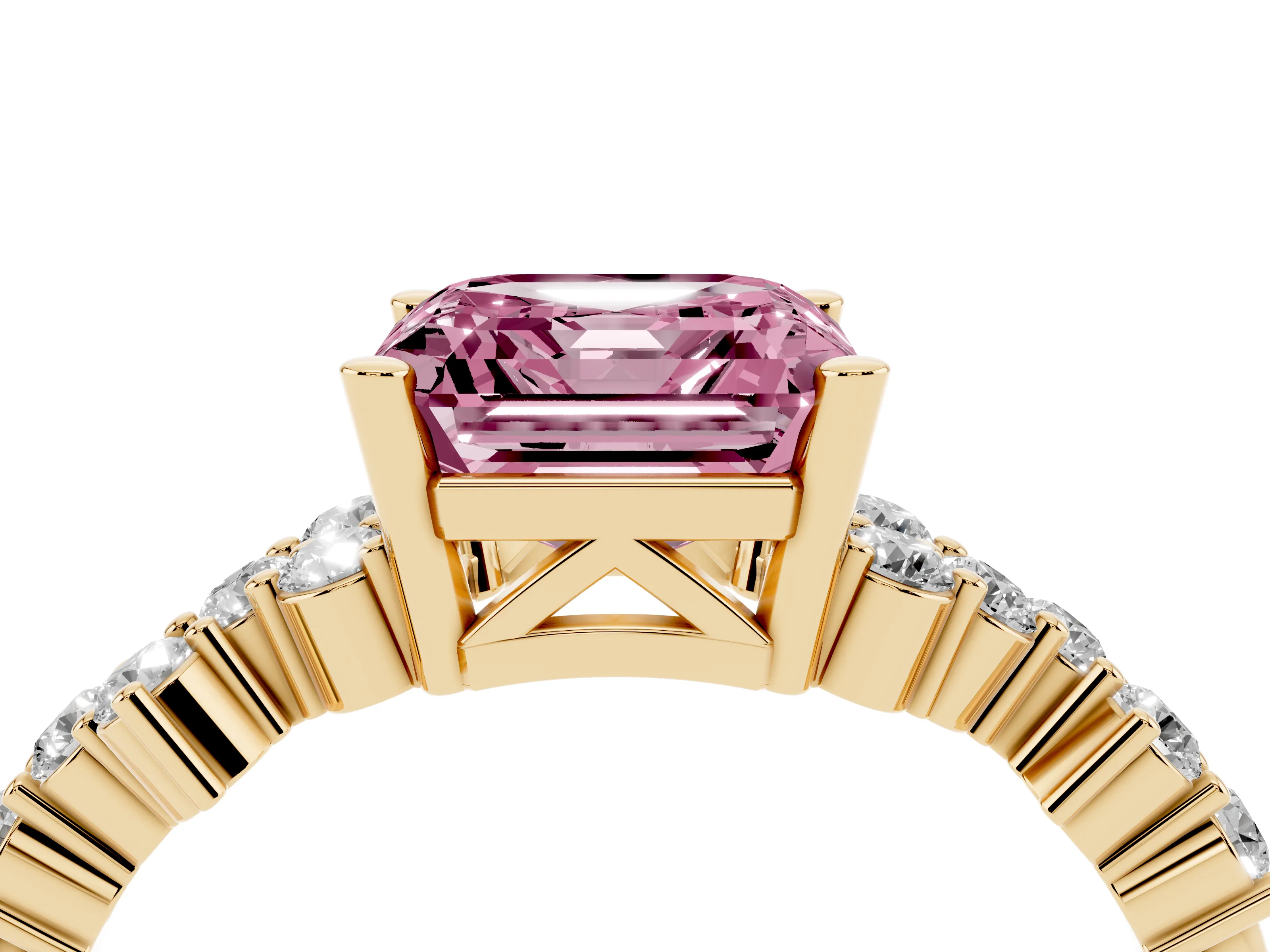 Fancy Pink Asscher Cut Diamond Ring Set in Yellow gold with Scattered Round Accents