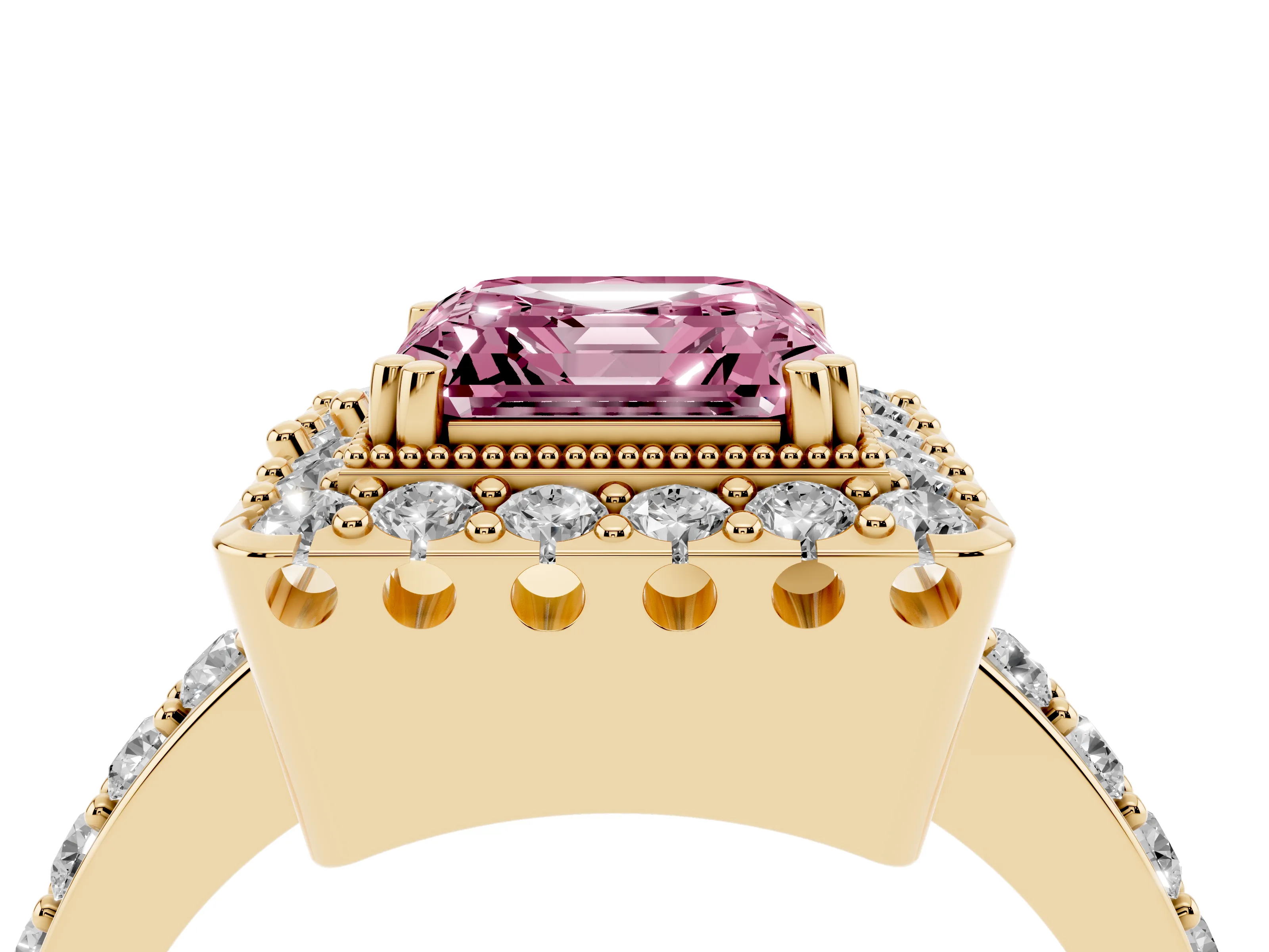 Fancy Pink Asscher Cut Diamond Halo Ring Set in Yellow gold with Pavé Shank and Prong Setting