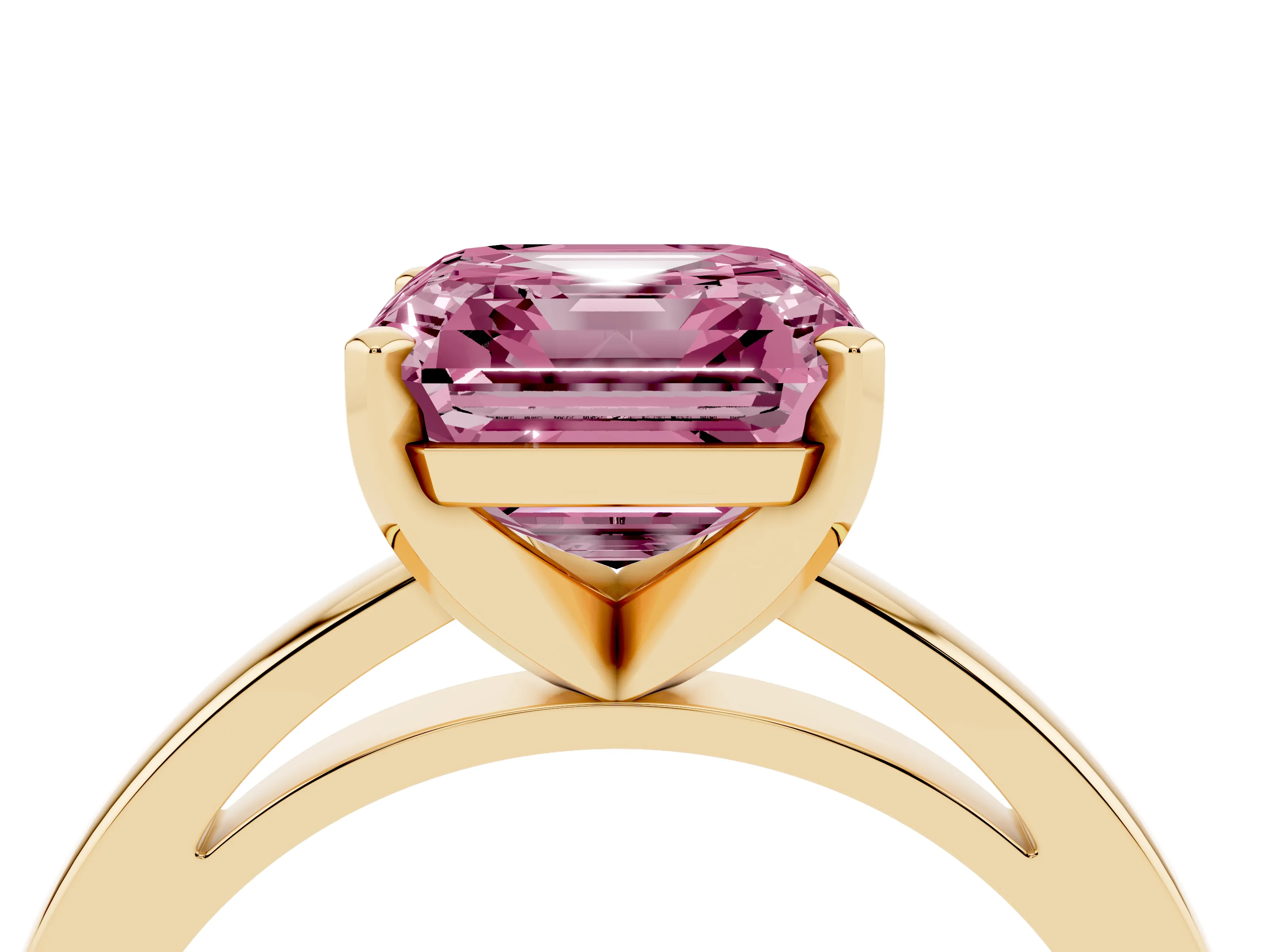 Fancy Pink Asscher Cut Diamond Solitaire Engagement Ring Set in Yellow gold with Prong Setting on a Classic Band