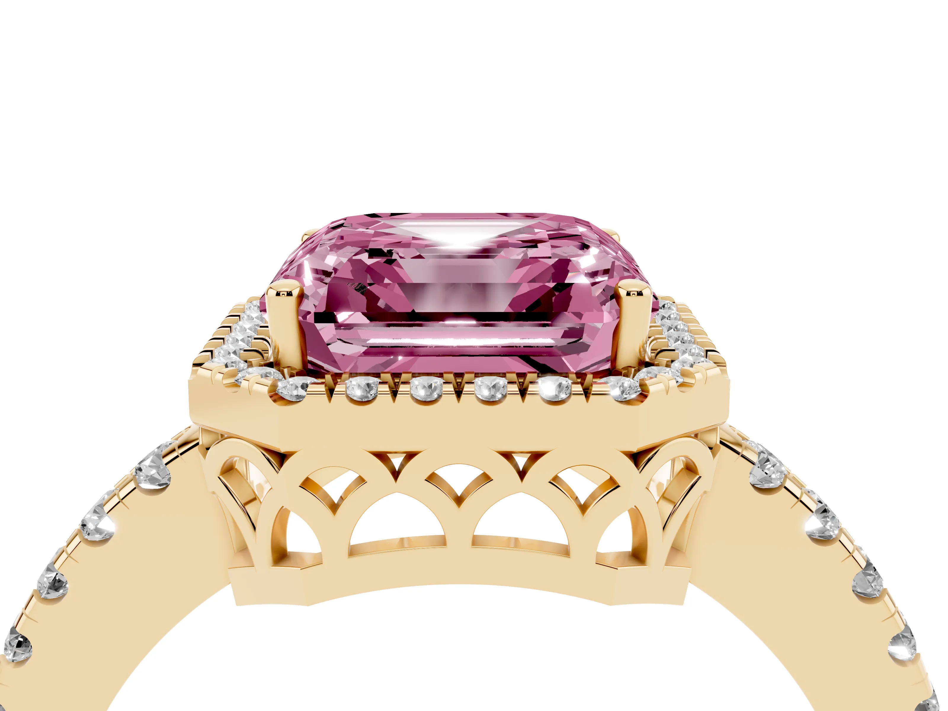 Fancy Pink Asscher Cut Diamond Pavé Band Halo Engagement Ring Set in Yellow gold with Prong Setting