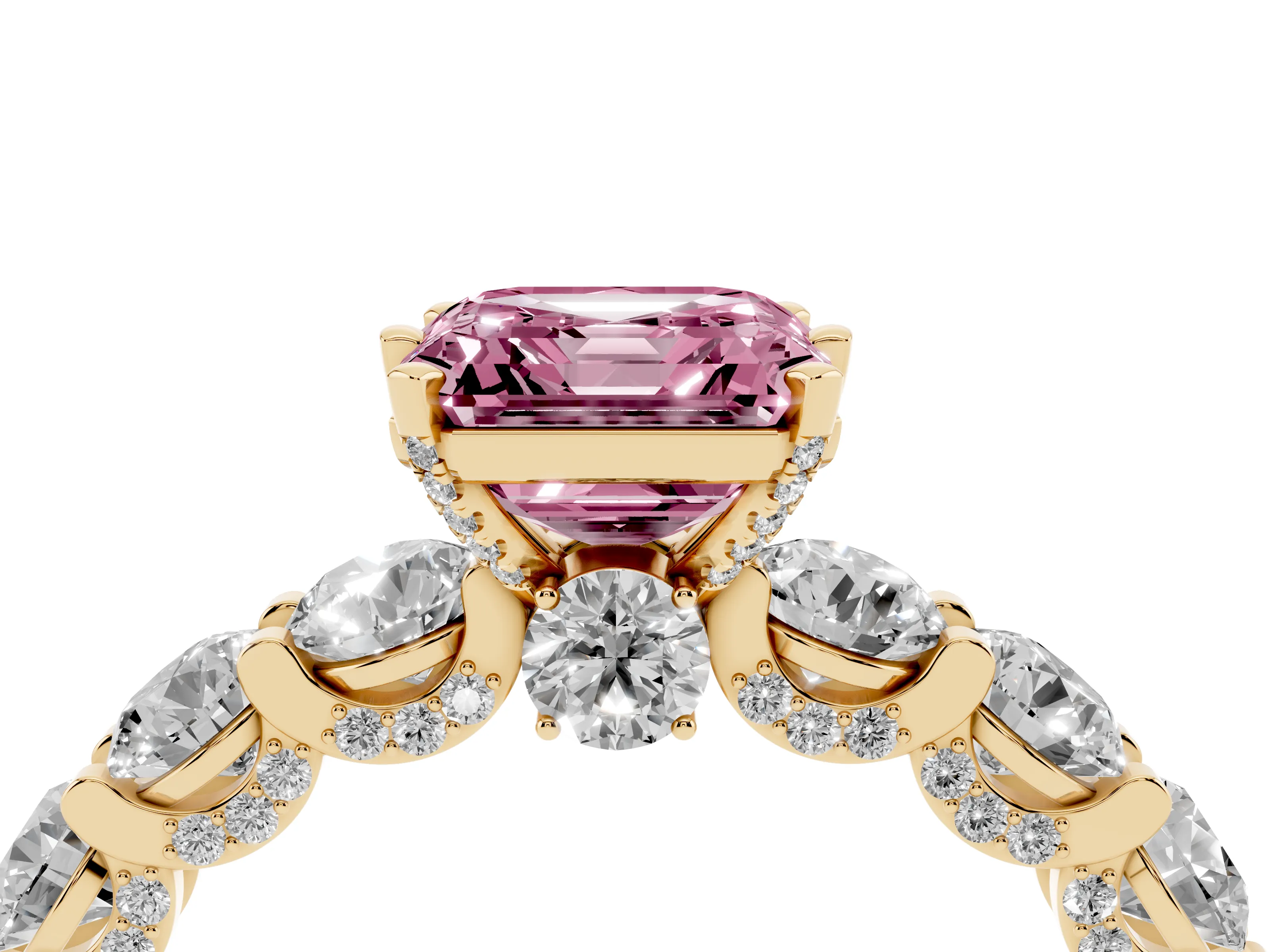 Fancy Pink Asscher Cut Diamond Side Stone Ring Set in Yellow gold with Alternating Round and Oval Side Stones