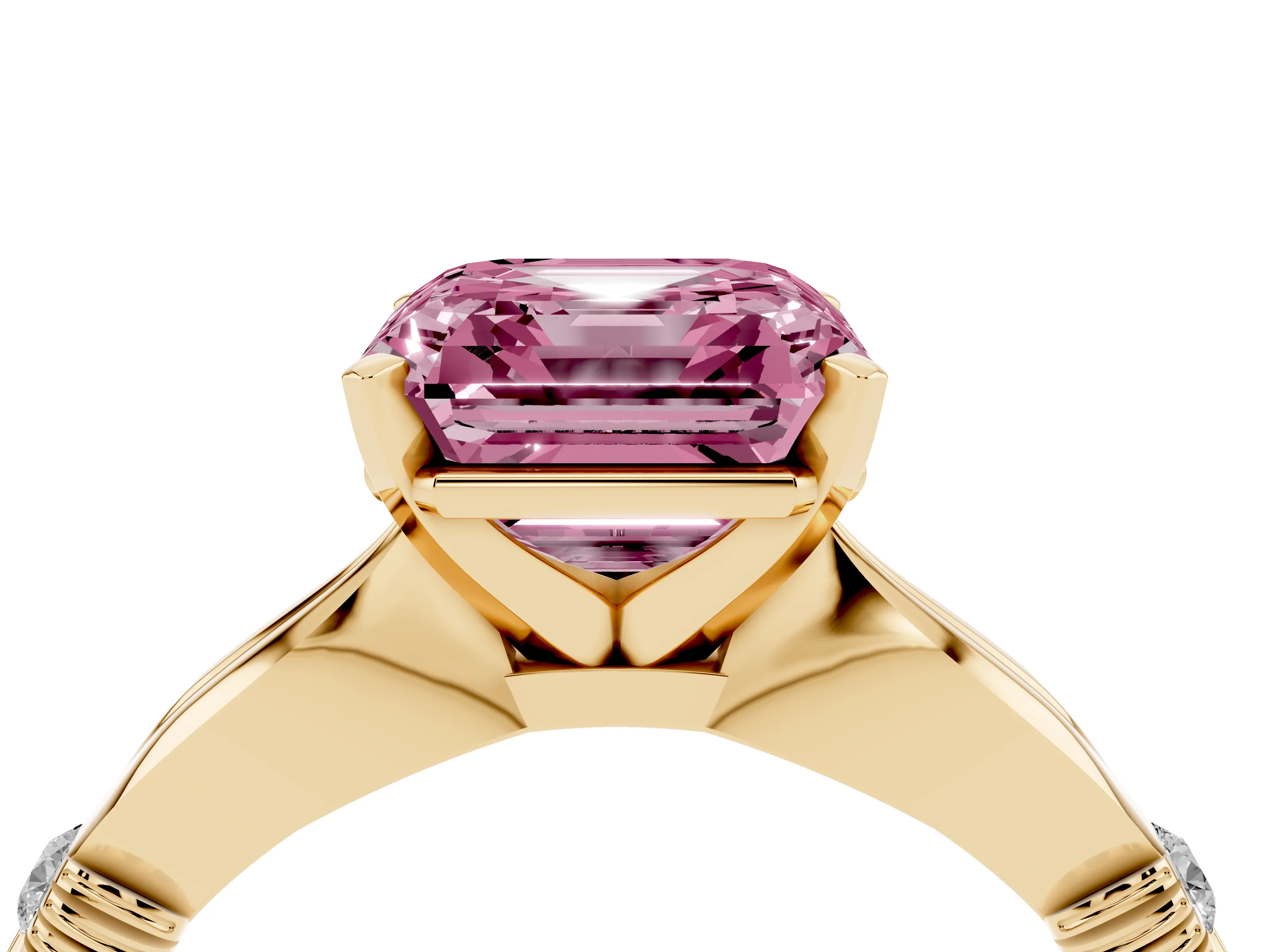 Fancy Pink Asscher Cut Diamond Solitaire Twisted Band Ring Set in Yellow gold with Accent Stones and Prong Setting