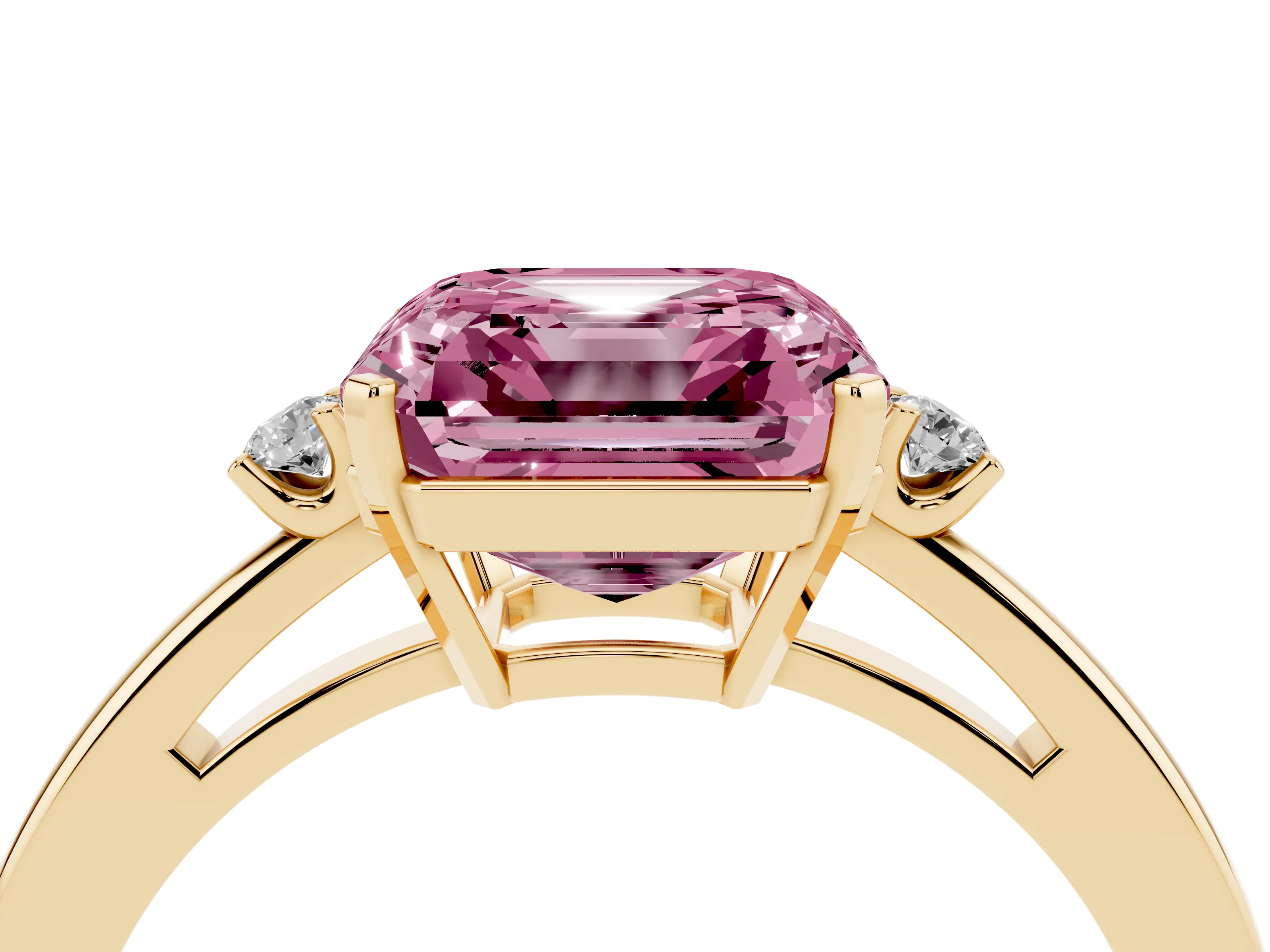 Fancy Pink Three-Stone Asscher Cut Diamond Solitaire Ring Set in Yellow gold with Round Accent Stones and Prong Setting