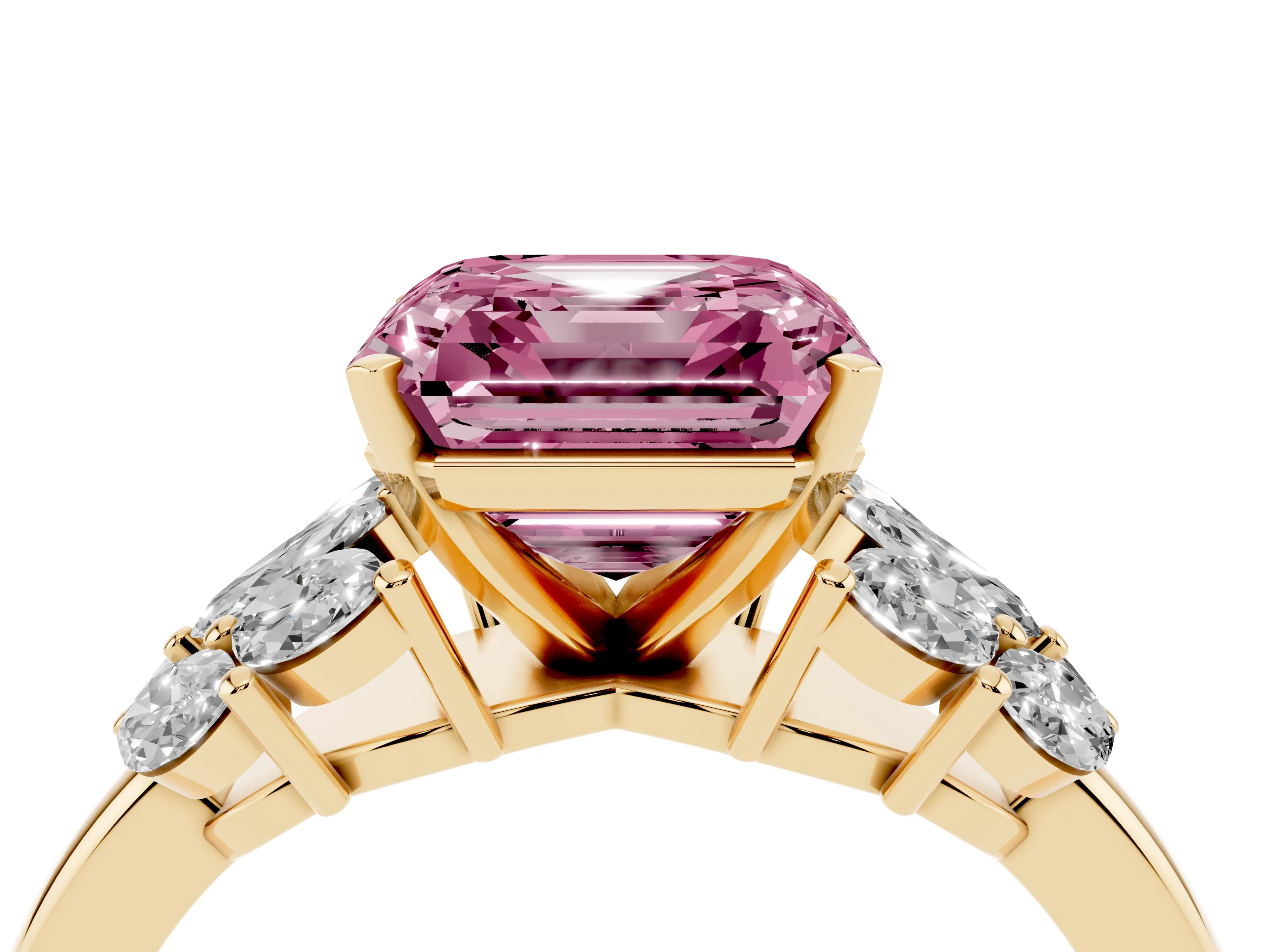 Fancy Pink Asscher Cut Diamond Cluster Leaf Design Ring Set in Yellow gold with Prong Setting