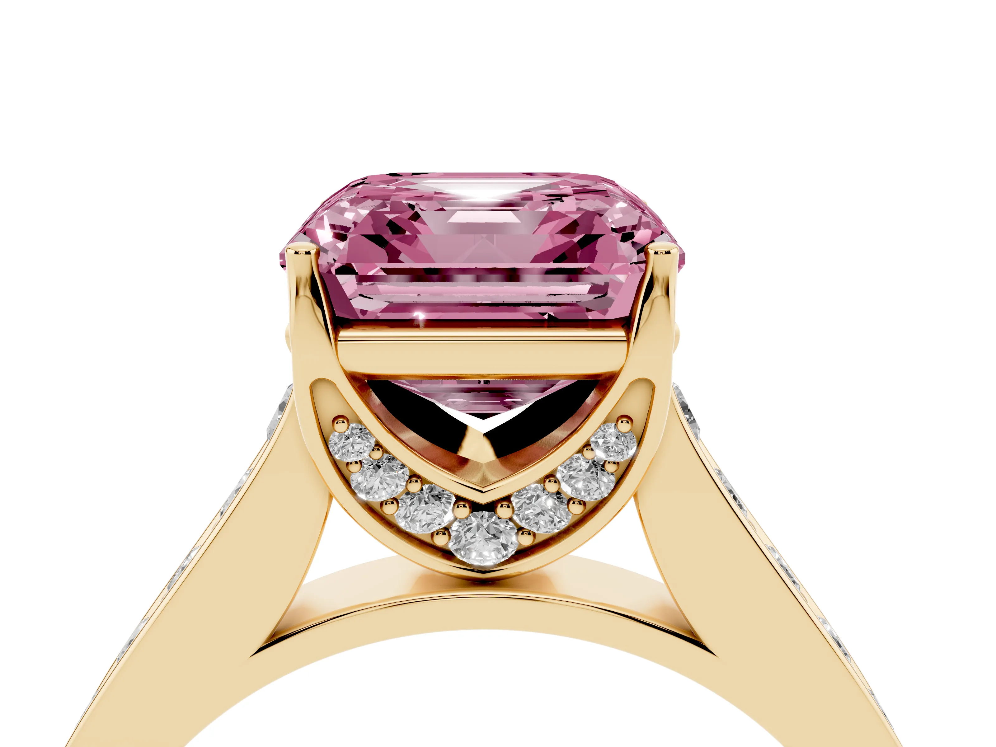 Fancy Pink Asscher Cut Diamond Solitaire Pavé Engagement Ring Set in Yellow gold with Prong Setting