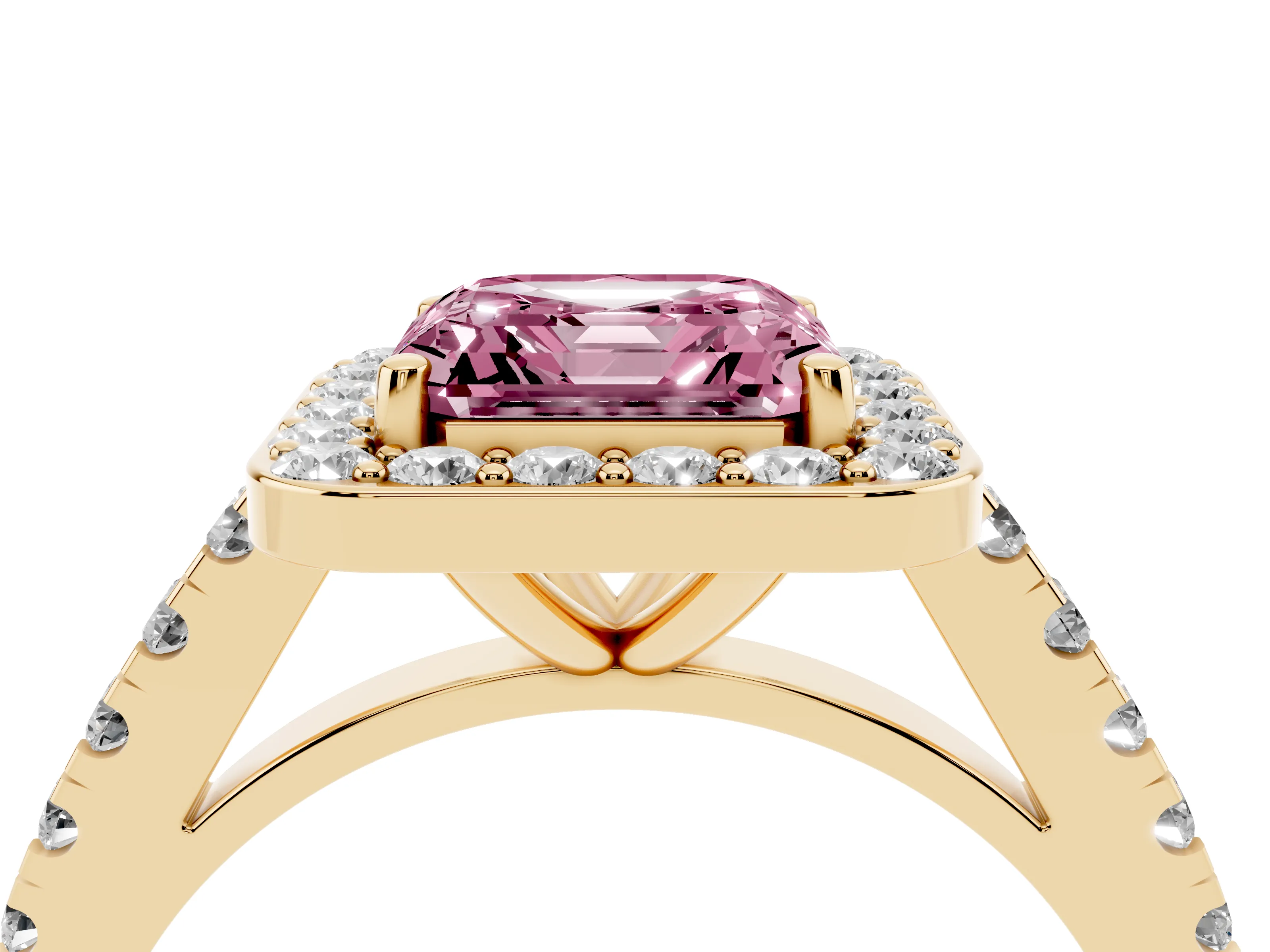 Fancy Pink Asscher Cut Diamond Halo Ring Set in Yellow gold with Round Pavé Split Shank and Prong Setting