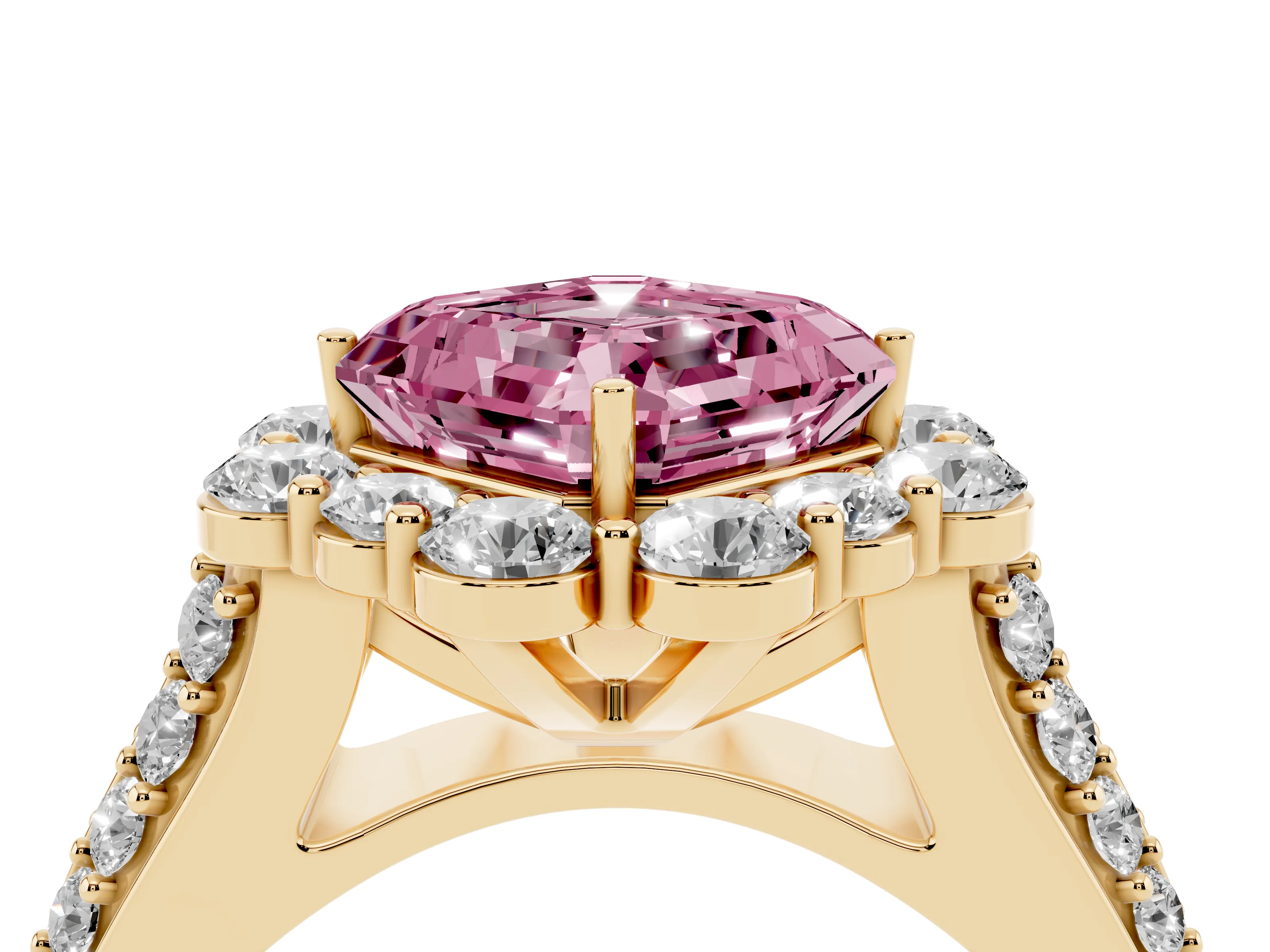 Fancy Pink Asscher Cut Diamond Halo Engagement Ring Set in Yellow gold with Split Shank and Prong Setting