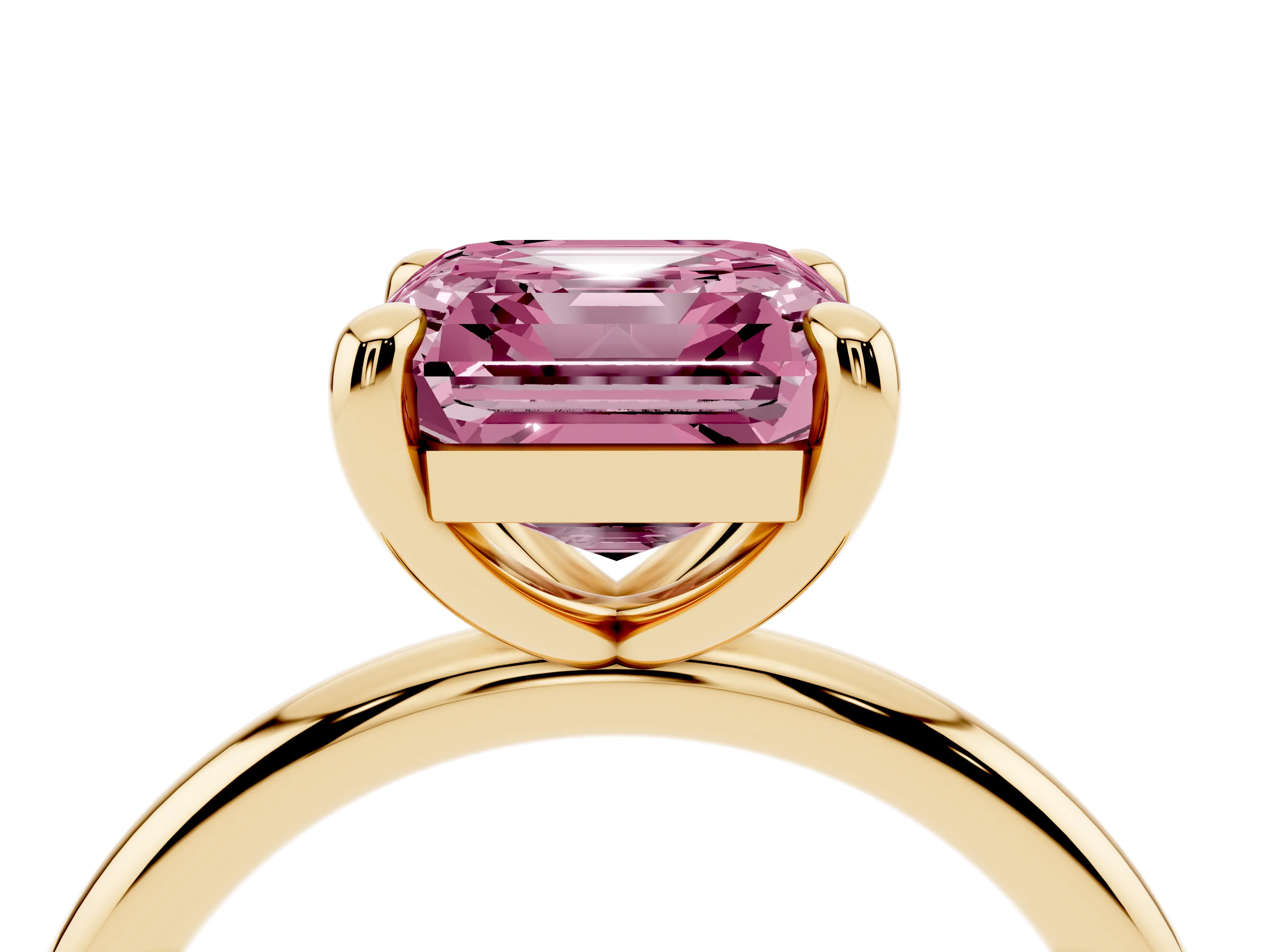 Fancy Pink Asscher Cut Diamond Solitaire Ring Set in Yellow gold with Prong Setting on a Polished Plain Band