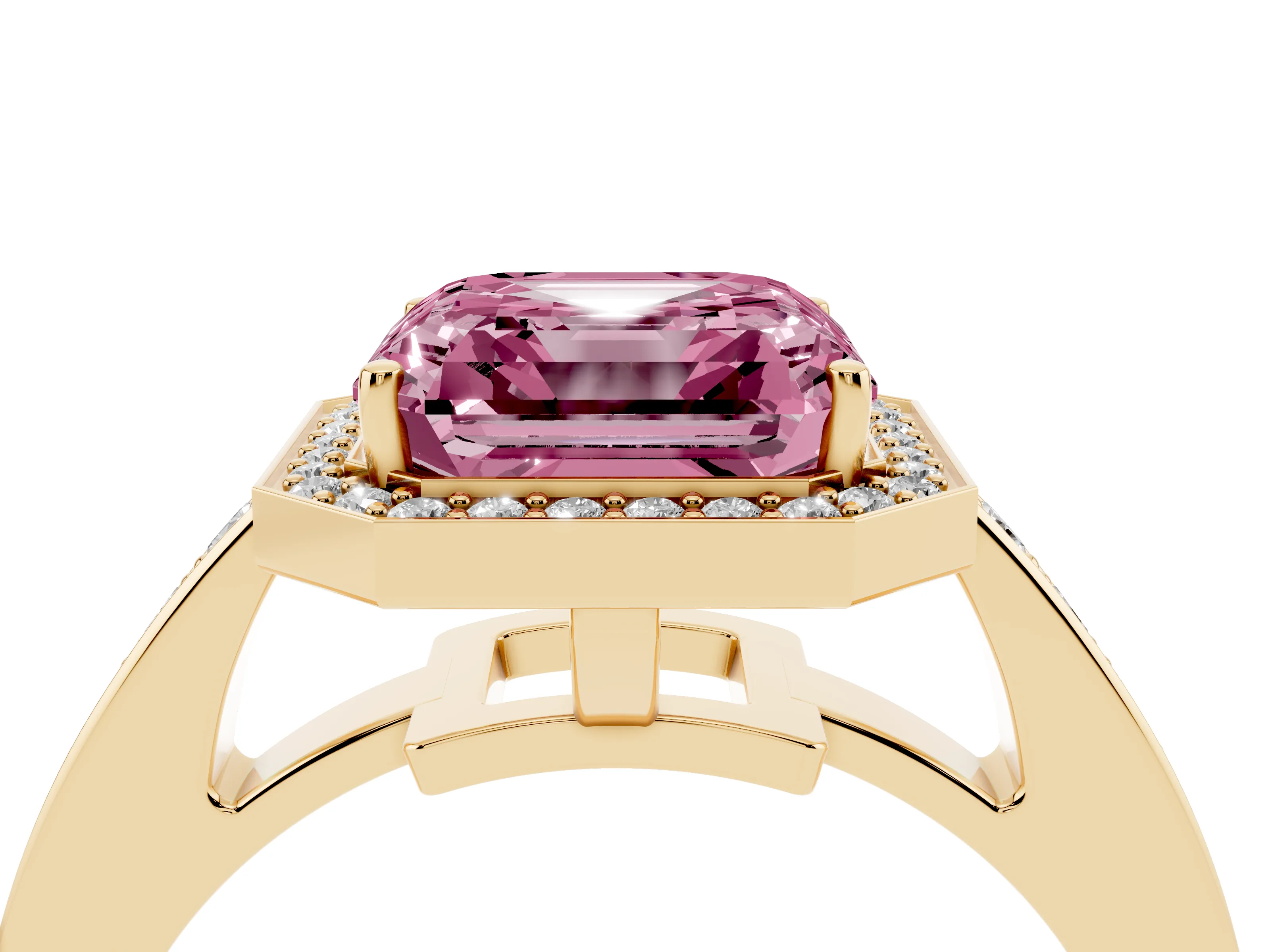 Fancy Pink Asscher Cut Diamond Halo Pavé Engagement Ring Set in Yellow gold with Bezel Setting